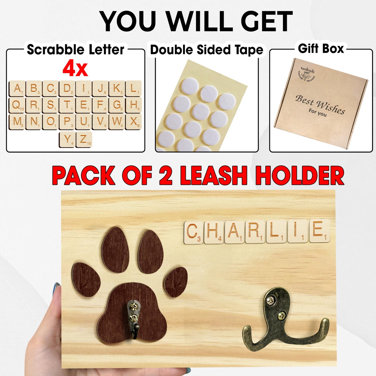 VINARTSVN 2 Pack Dog Leash Holder Wall Mount, Pet Harness Hanger with Scrabble Letters, Dog Collar Organizer for Entryway, Cat Leash Holder for Wall, Pet Loss Gifts, Keepsake, Home Decor PF218-CBN