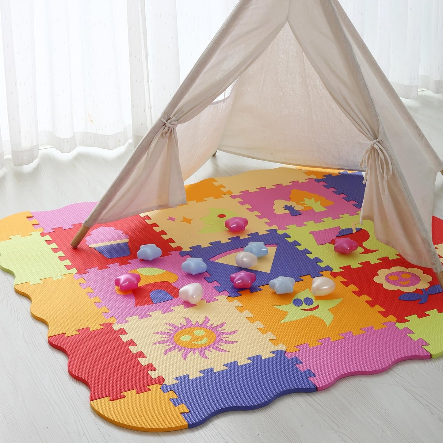 Foam Play Mat for Kids，25Pcs Square Interlocking Puzzle Floor Mat，Baby Play Mat Floor Mat Foam Puzzle Playmat for Toddlers with Fence