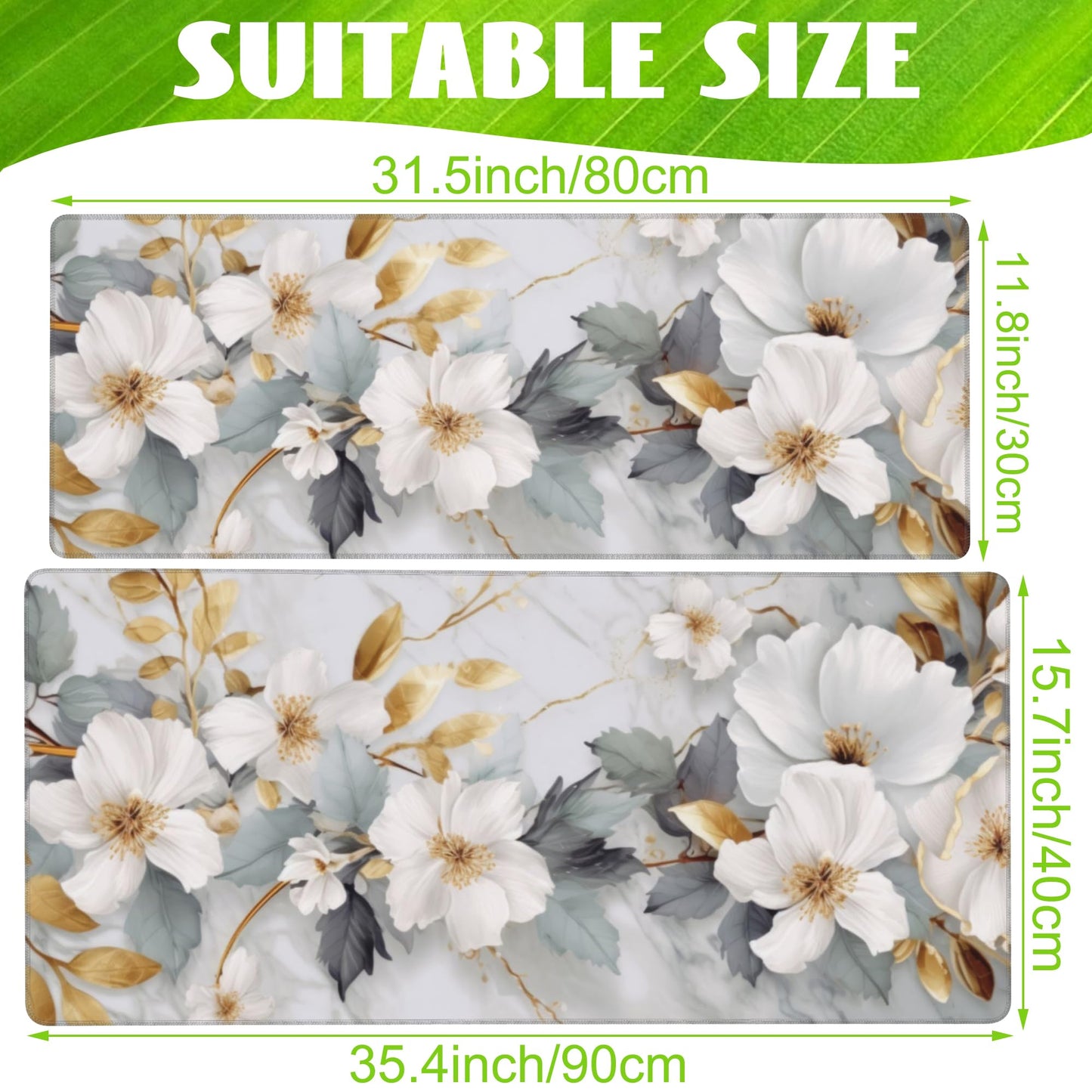 Eflxamz Desk Mat,White Gold Marble Desk Pad,White Flowers Golden Leaves Large Gaming Mouse Pad for Desk,Extended Big Computer Keyboard Mouse Pad with Non-Slip Base and Stitched Edge,35.4"x15.7"