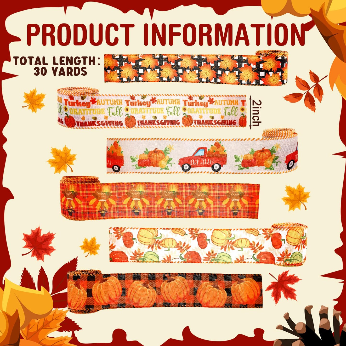 Yuxung 6 Rolls 30 Yards Thanksgiving Fall Burlap Ribbon Rolls Wired Wrapping Ribbon Buffalo Plaid Pumpkin Truck Turkey Maple Harvest Fall Thanksgiving Wreath Decoration for Craft Bow Gifts Making