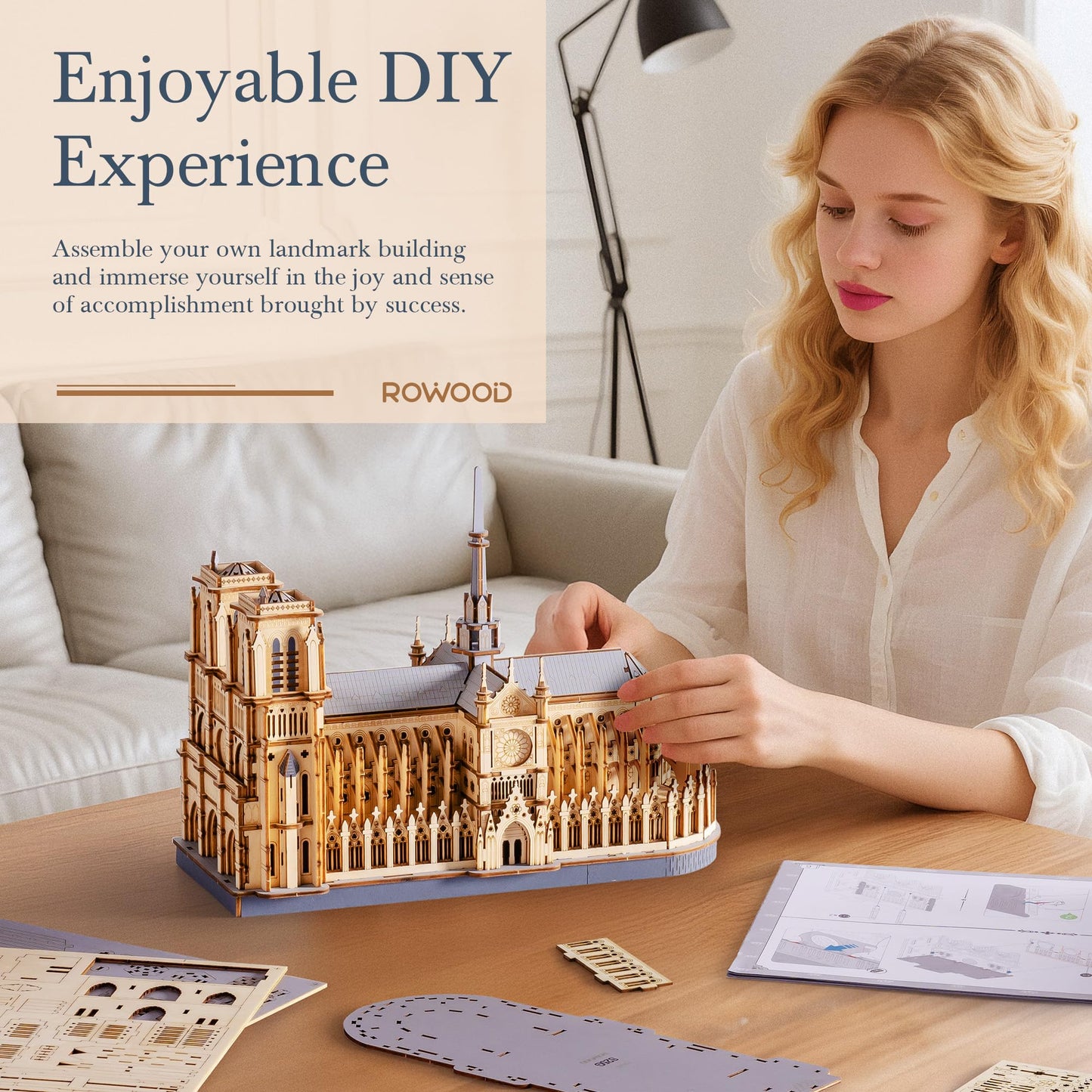 Rowood 3D Puzzles for Adults,Wooden Architecture DIY Model Kit Building Set for Adults, Notre-Dame de Paris Cathedral and Castle Collection,Birthday for Women Friends