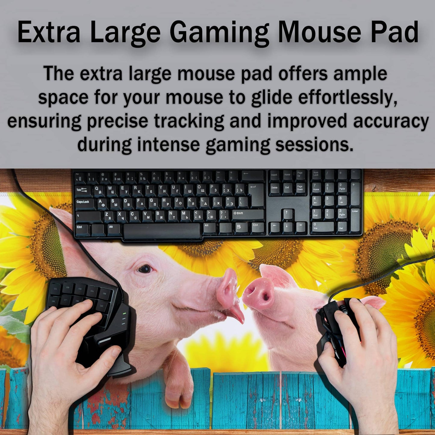 Samgula Keyboard Mat Yellow Blue Long Mouse Pad, Computer Mat Large Desk Pads, Big Desk Mat Non-Slip Rubber Base, 35.4 X 15.7 inch for Work/Game/Office/Home Funny Pig Hanging on A Fence. Studio Photo.