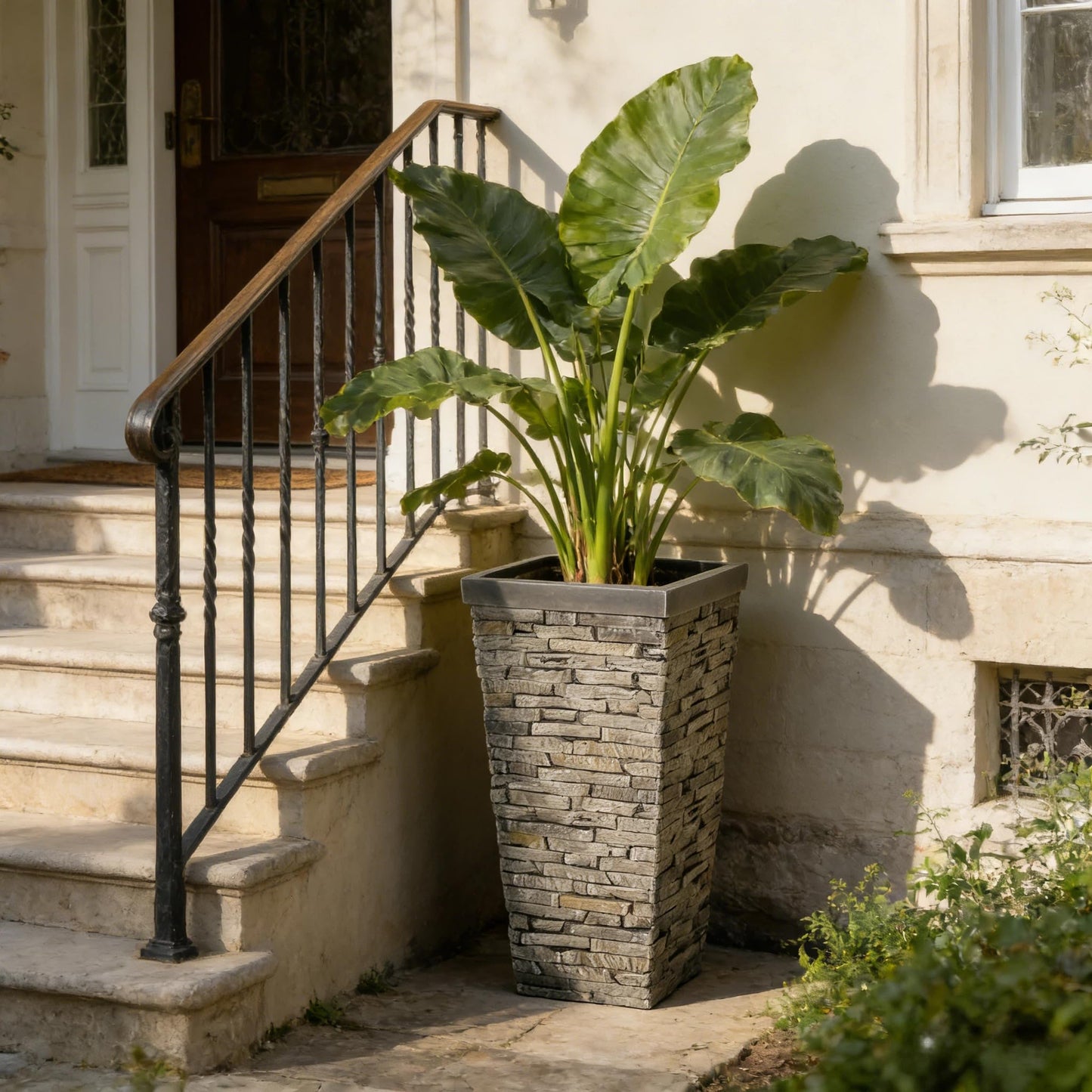 Merax Tall Planter 30 Inch, Outdoor Indoor Square Planter, MGO Stone-Effect Brick Texture, Weather-Resistant Planter with Drainage Hole for Trees, Shrubs, Large Plants, Grey