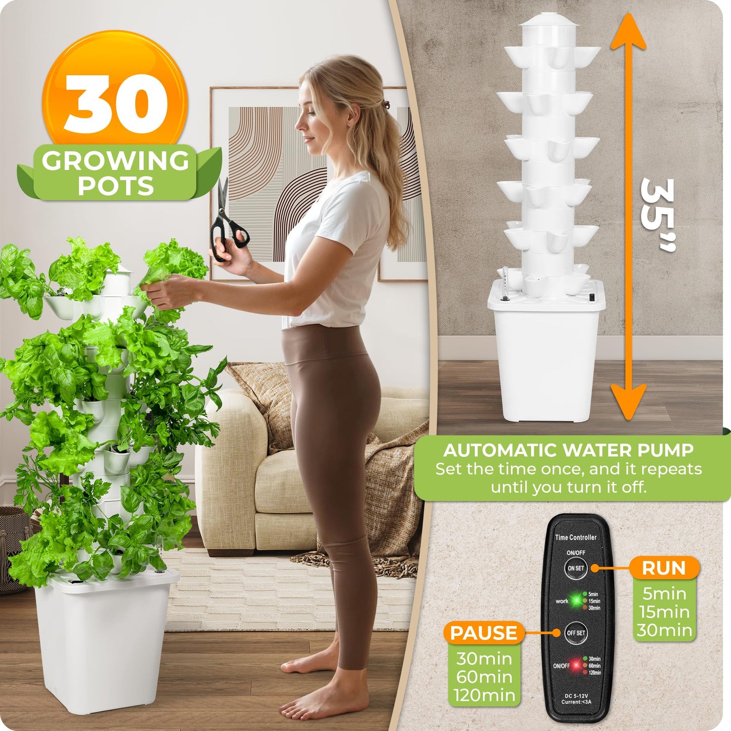 Carpathen Hydroponic Tower Growing System - Indoor Vertical Gardening System for 30 Plants - Complete Kit with Timer, PH+TDS Meter, Water Level Gauge - Self Watering Indoor Herb Garden Without Soil
