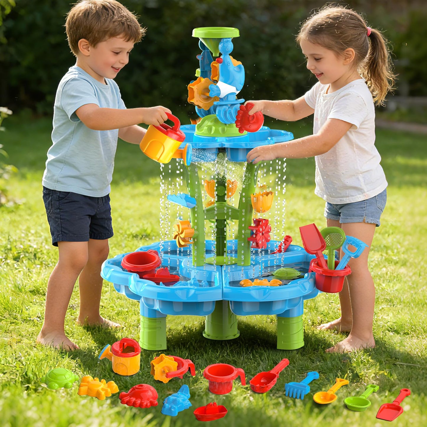 JSDOOGOO 3-Tier Kids Toddlers Water Sand Table - Multifunctional Summer Outdoor Toys with Stable Design,Sensory Learning Backyard Poolside Beach Activity Playset Gift for Boys Girls(Azure)