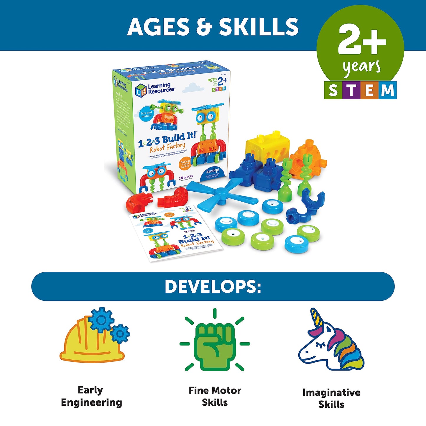 Learning Resources 1-2-3 Build It Robot Factory - Building Robots for Kids, Robot STEM Toys, Kids Engineering Toys, Toddler STEM Activity, Robots Building Kit