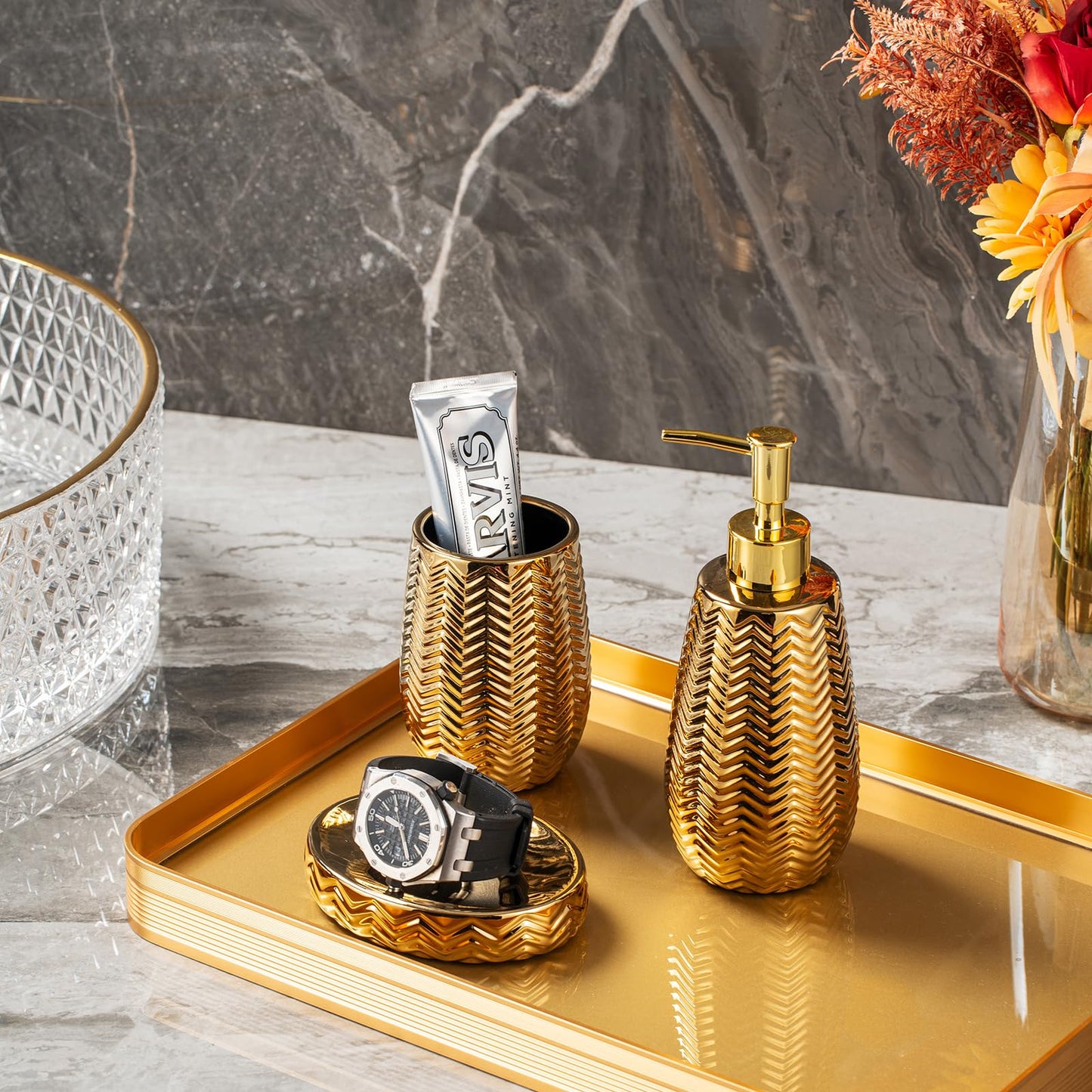 Gold Bathroom Accessories 4pcs Stylish Bathroom Accessories Set Gold Soap Dispenser Pump, Tumbler, Soap Dish and Trash Can Modern Decor Wavy Design Ceramic Bathroom Accessory Set