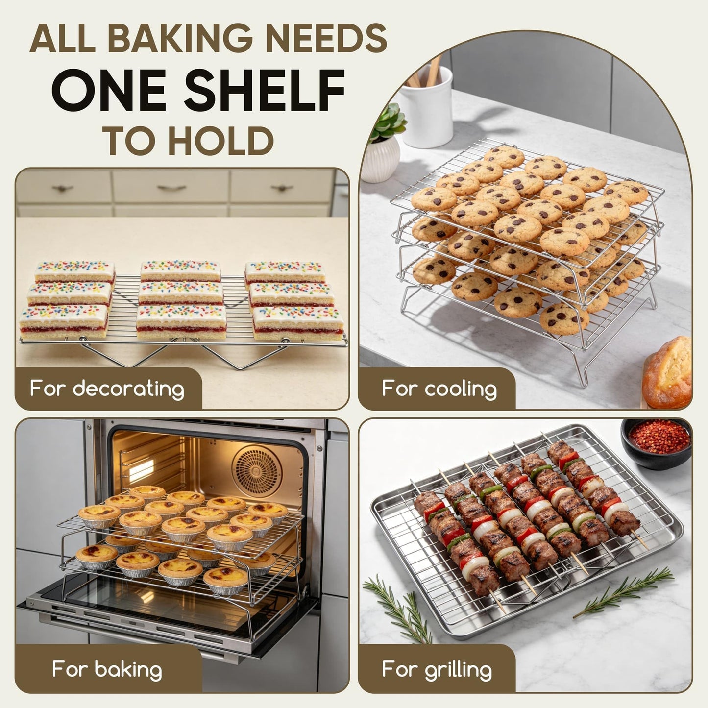 Herogo 5-Tier 15" x 10" Cooling Rack, Stainless Steel Baking Rack for Cookies, Cupcakes, and Pastries, Collapsible Space-Saving Design, Dishwasher Safe, Ideal for Baking, Roasting, and Drying
