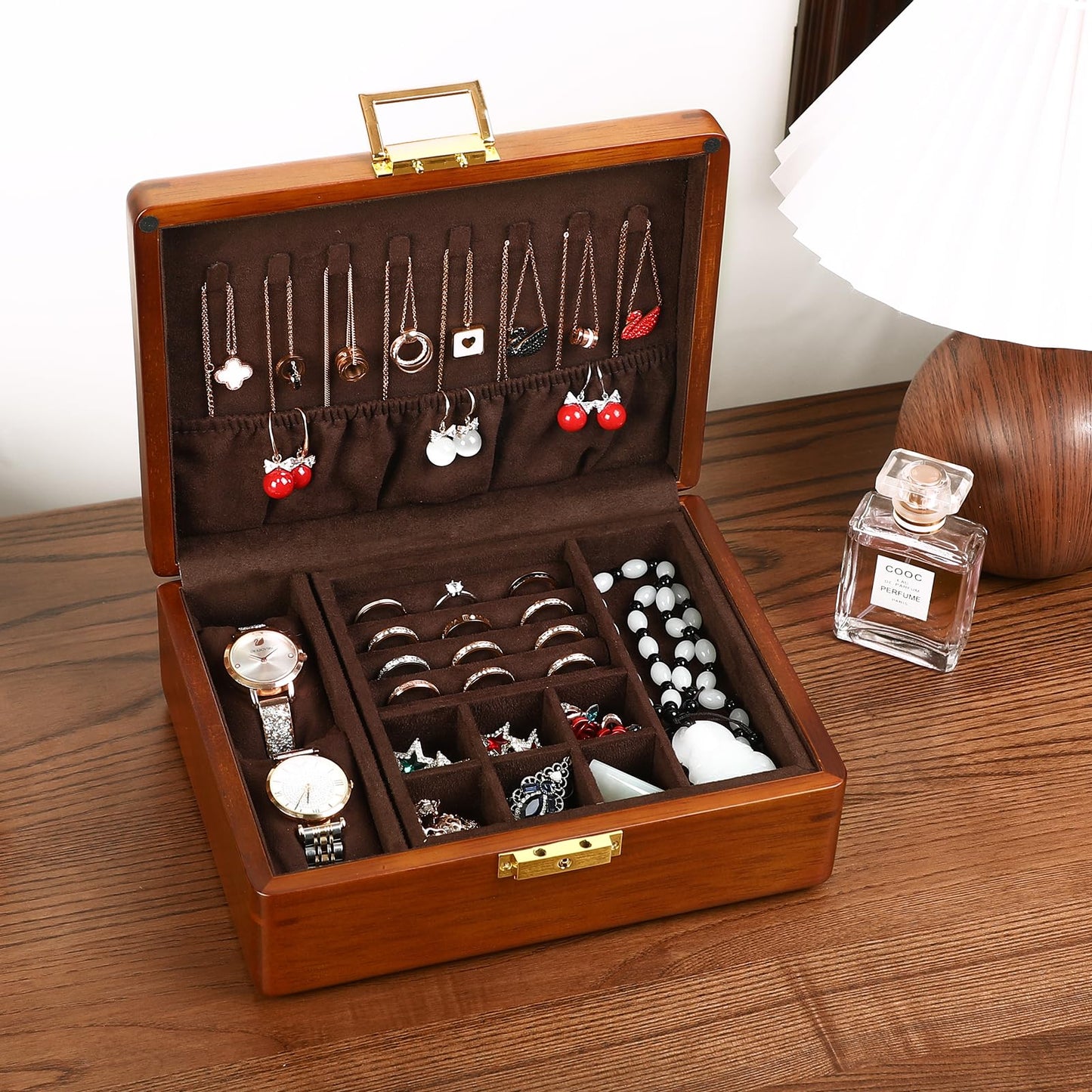 LIBOLXSP Solid Walnut Wood Jewelry Box with Lock,2 Layer Velvet Lined for Earrings Rings Necklaces Bracelets Watches,Both Style and Security, for Men Women,Vintage Brown