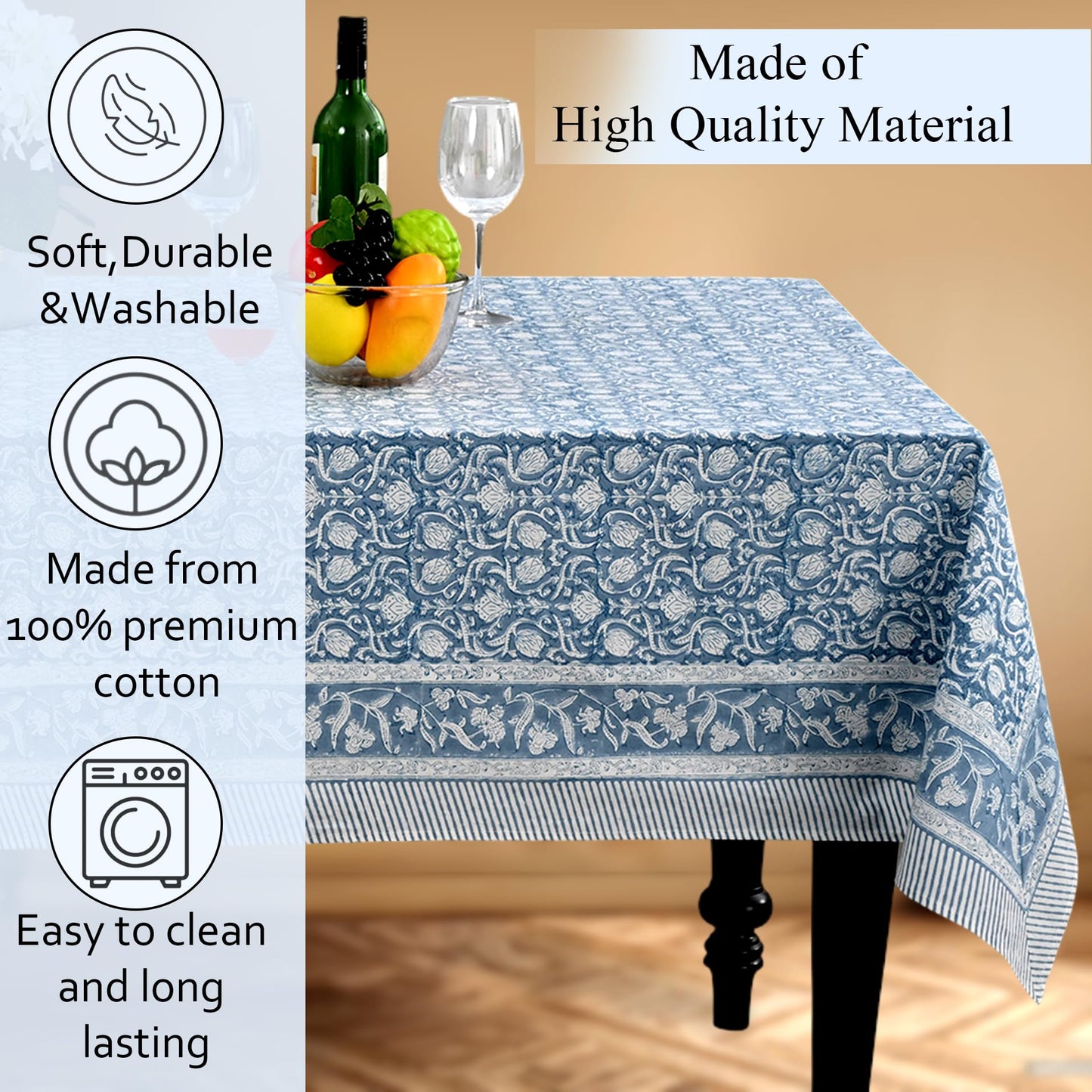 CPC Azure Regal Tablecloth 100% Cotton 70x118 Inch Indian Block Print Rectangle Table Cover, Table Cloth for Gifting in Weddings, Halloween, Fall, Christmas, Thanksgiving