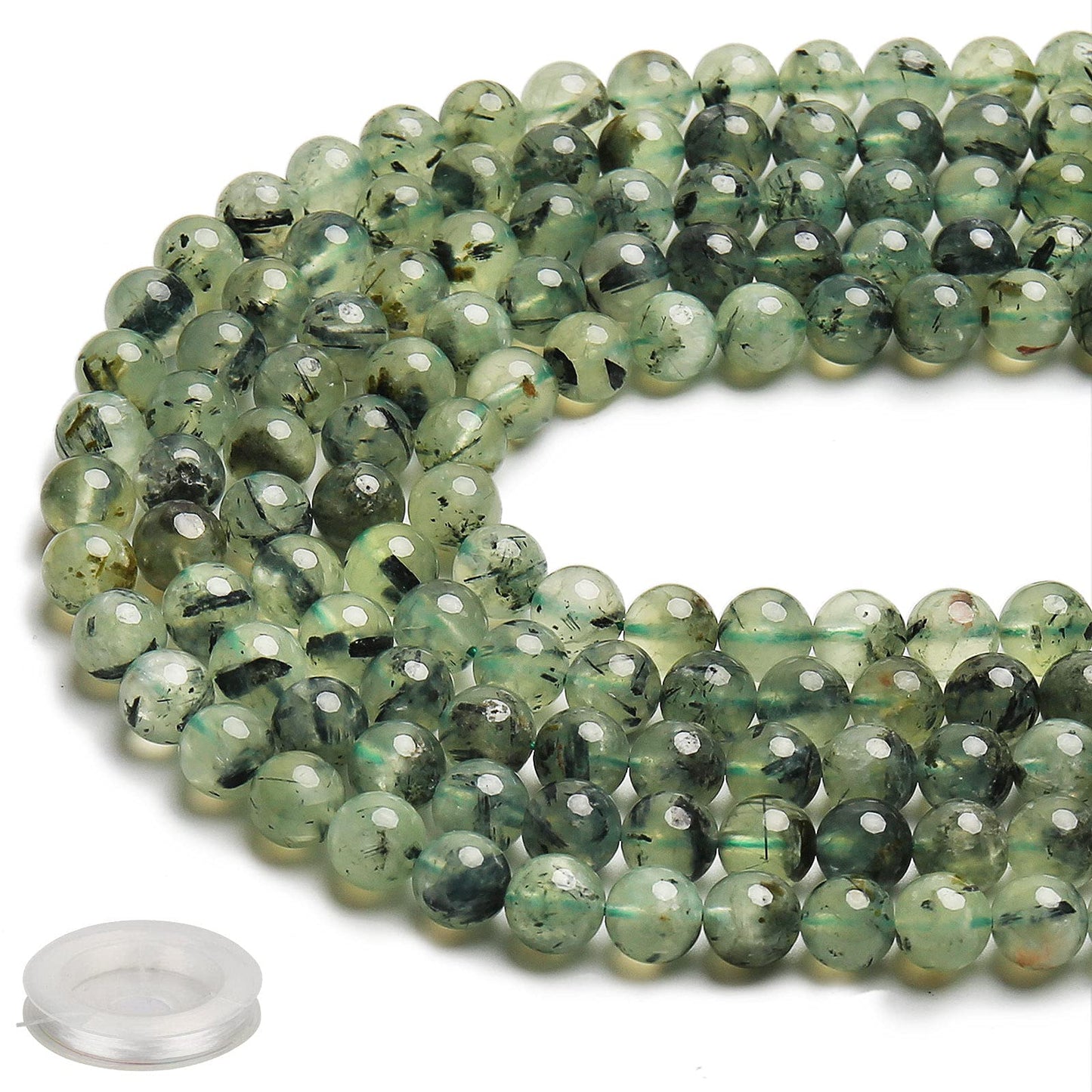 70PCS Natural 8MM Healing Gemstone, Prehnite Energy Stone Round Loose Beads, Semi-Precious Crystal Beads with Free Elastic String for Jewelry Making DIY