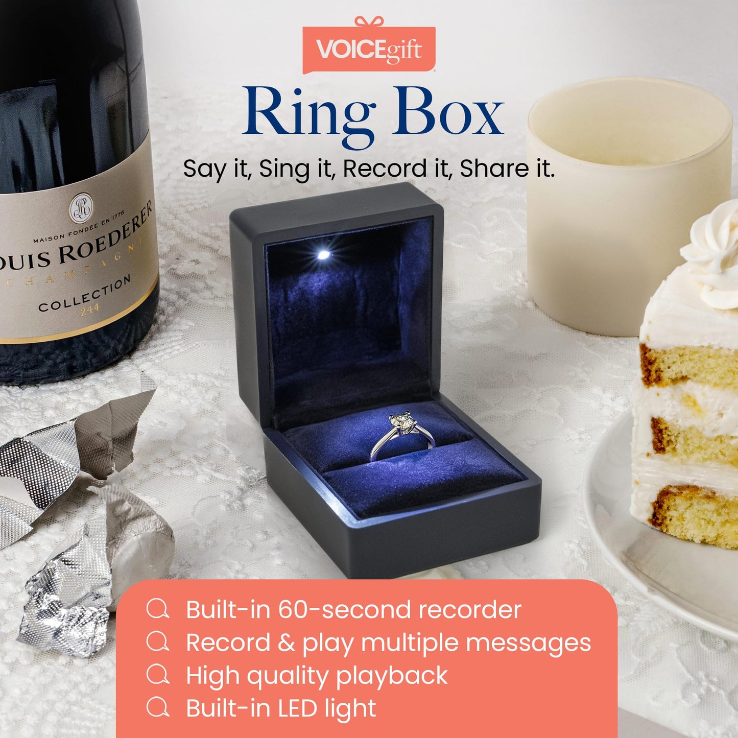 VOICEGIFT Ring Box Recordable Ring Box with LED Light, 60-Second Voice Recorder, Velvet Jewelry Gift Box for Proposal, Engagement, and Keepsake | Midnight Blue