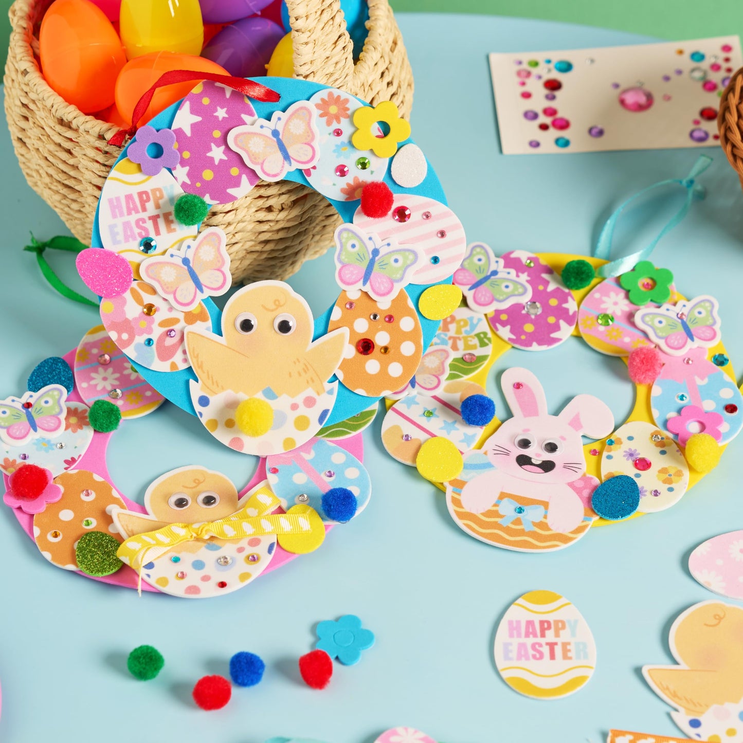 JOYIN 12 Sets Easter Wreath Signs Decorations, DIY Foam Craft Kit with Bunny, Chick & Egg Foam Stickers, Amusing Wiggle Eyes and Pom-Poms for Kids Easter Kids Activities, Party, Gift Decorations.