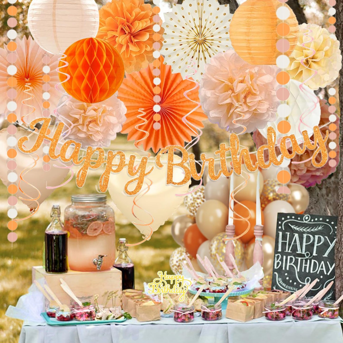 Orange-Peach Fall Boho Birthday Party Decorations - 62pcs Happy Birthday Banner, Beige Rustic Paper Lanterns, Streamers, Tissue Pom Poms, Burnt Orange Apricot Party Balloons, Fall Backdrop Decor