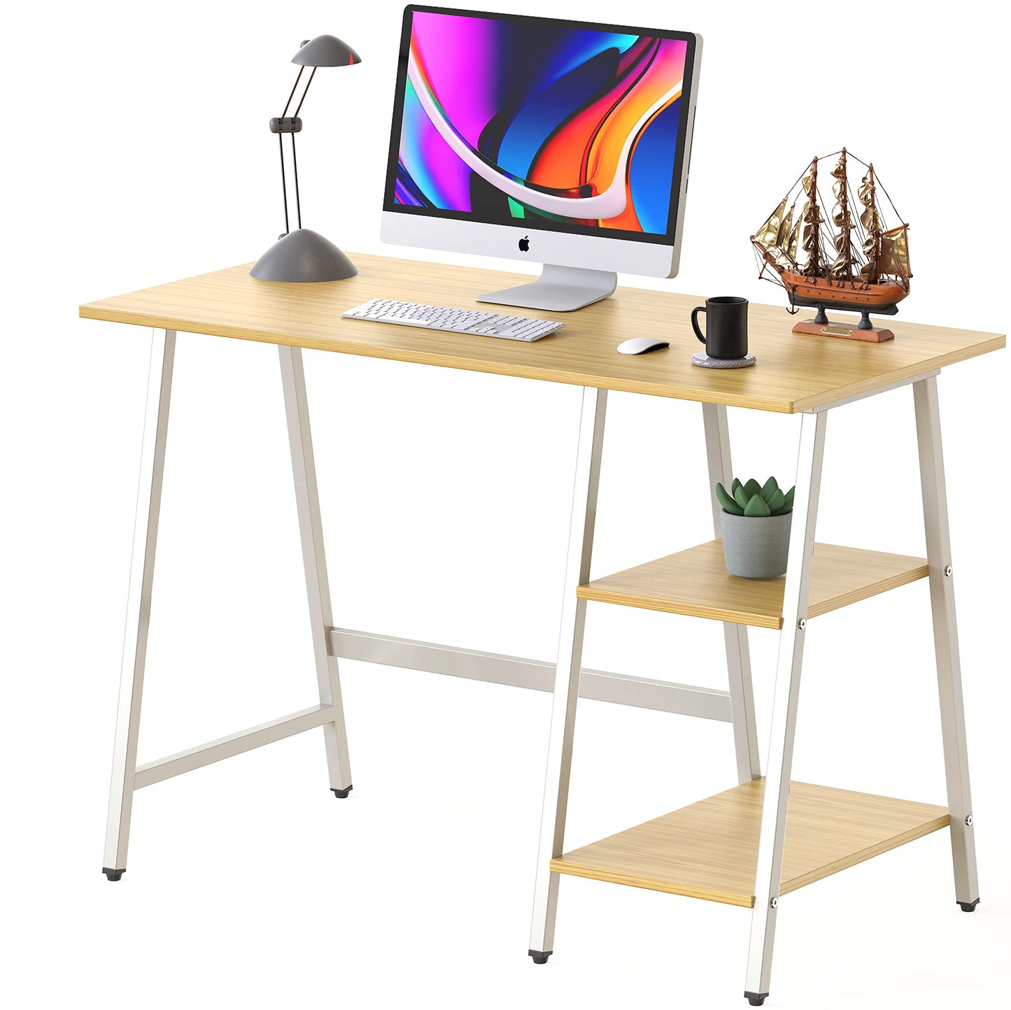 SHW 43-Inch Home Office Trestle Computer Desk with Open Storage Shelves, Oak