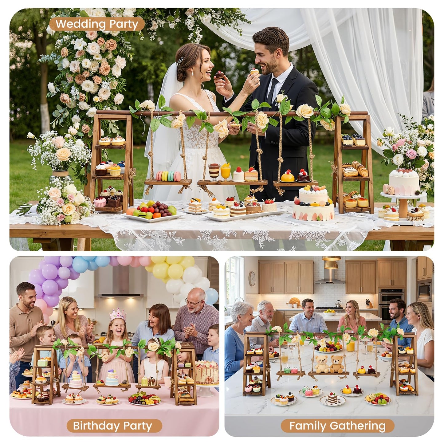 3 Tier Wooden Cupcake Stand with Swing & Flower Decor, Dessert Table Display Set with Removable Trays for Cake Fruit Snack Bread, Rustic Foldable Ladder Stand for Party, Birthday, Wedding & Events