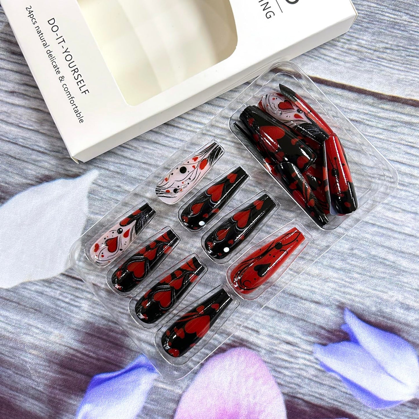 CJDLTS Heart Press On Nails Long Length Ballet Shaped Full Cover Glossy Acrylic False Nails 24pcs/Box Red, Black Hearts