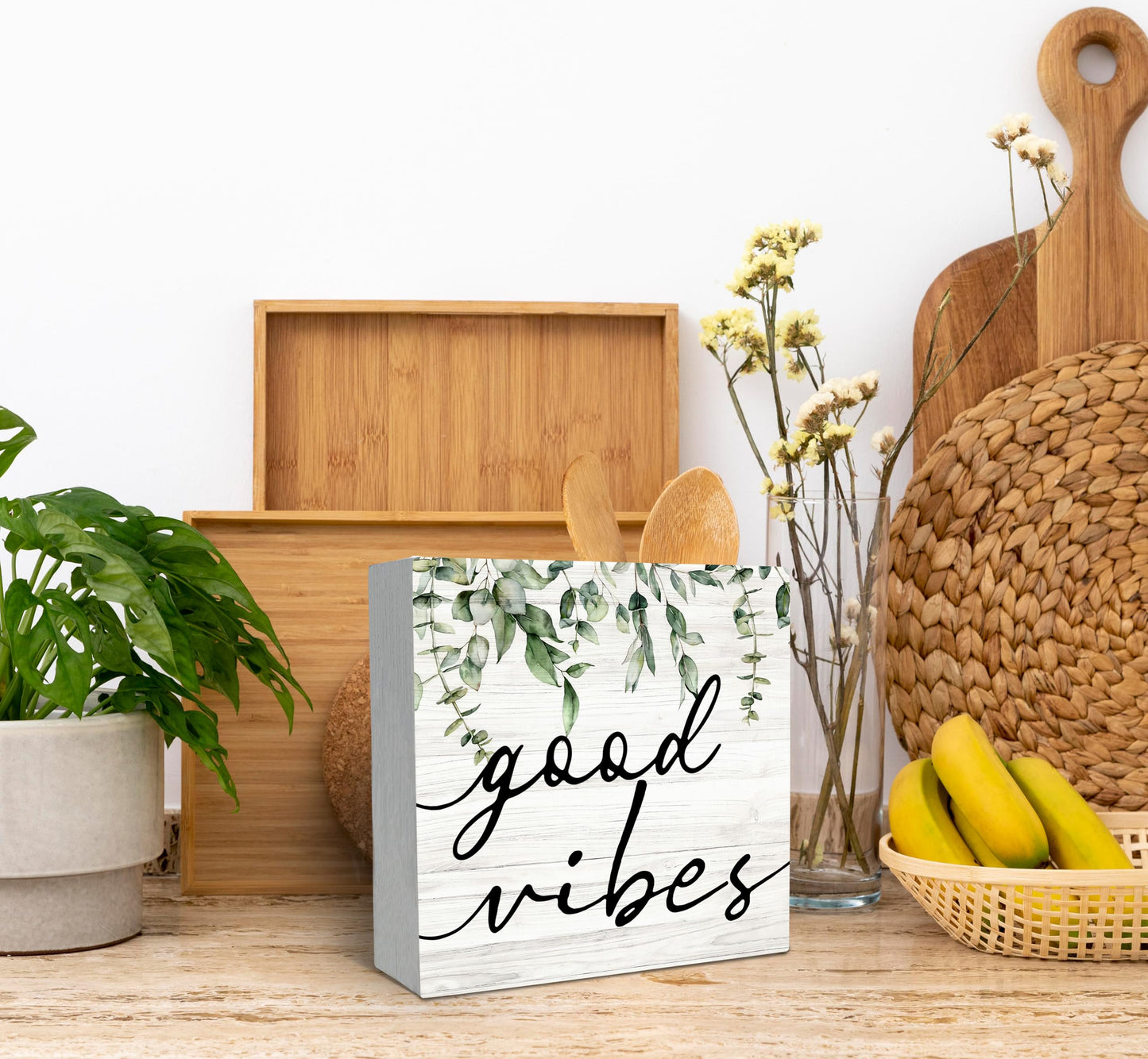 SRADMO Botanical Eucalyptus Leaves Wood Box Sign Desk Decor, Rustic Eucalyptus Leaves Wooden Block Box Sign Decoration For Home Shelf Table Office Decor 6x6 inches