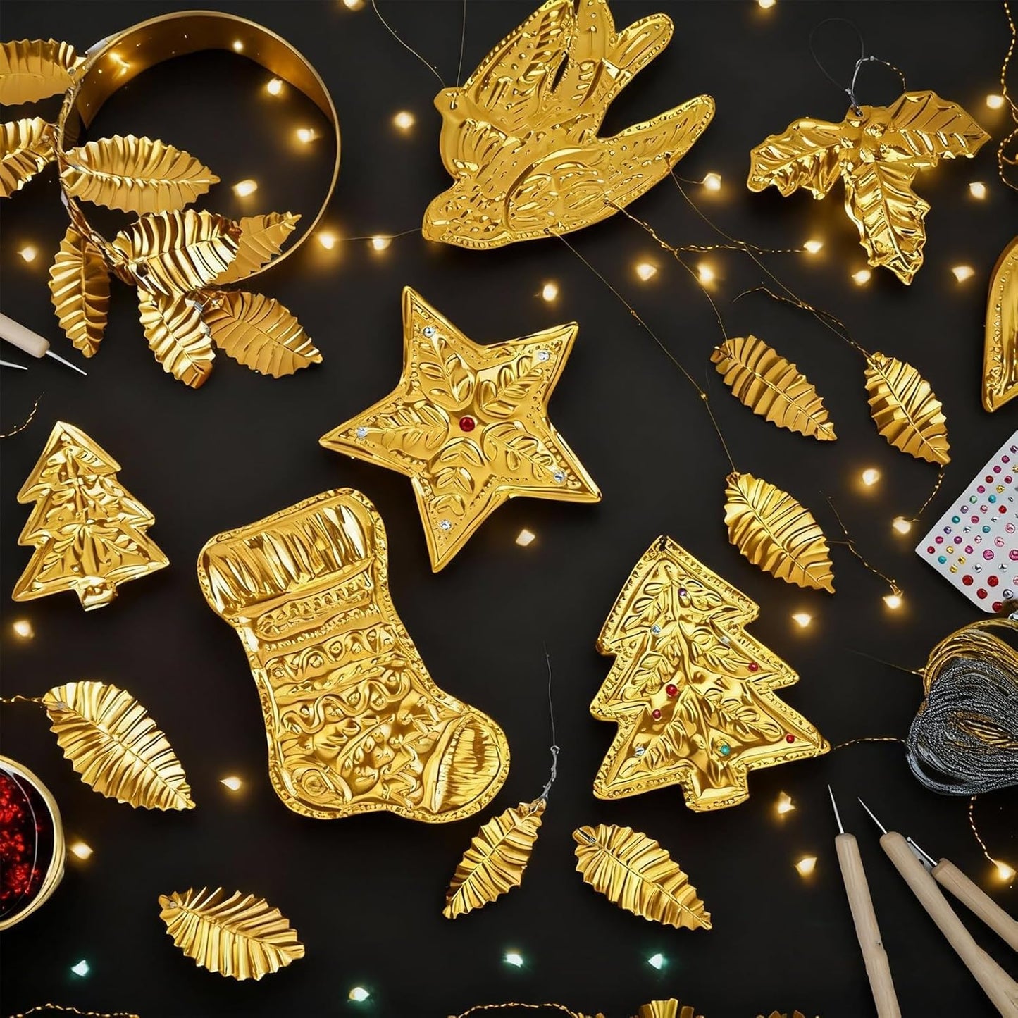 15pcs Gold Craft Foil Sheets, Gold Foil Sheets for Embossing, Decorative Metal Sheet Embossing Tools for Painting Gilding Crafting Decoration,with 2 Rolls Wire, Engraving Tools, Artwork Making Kit