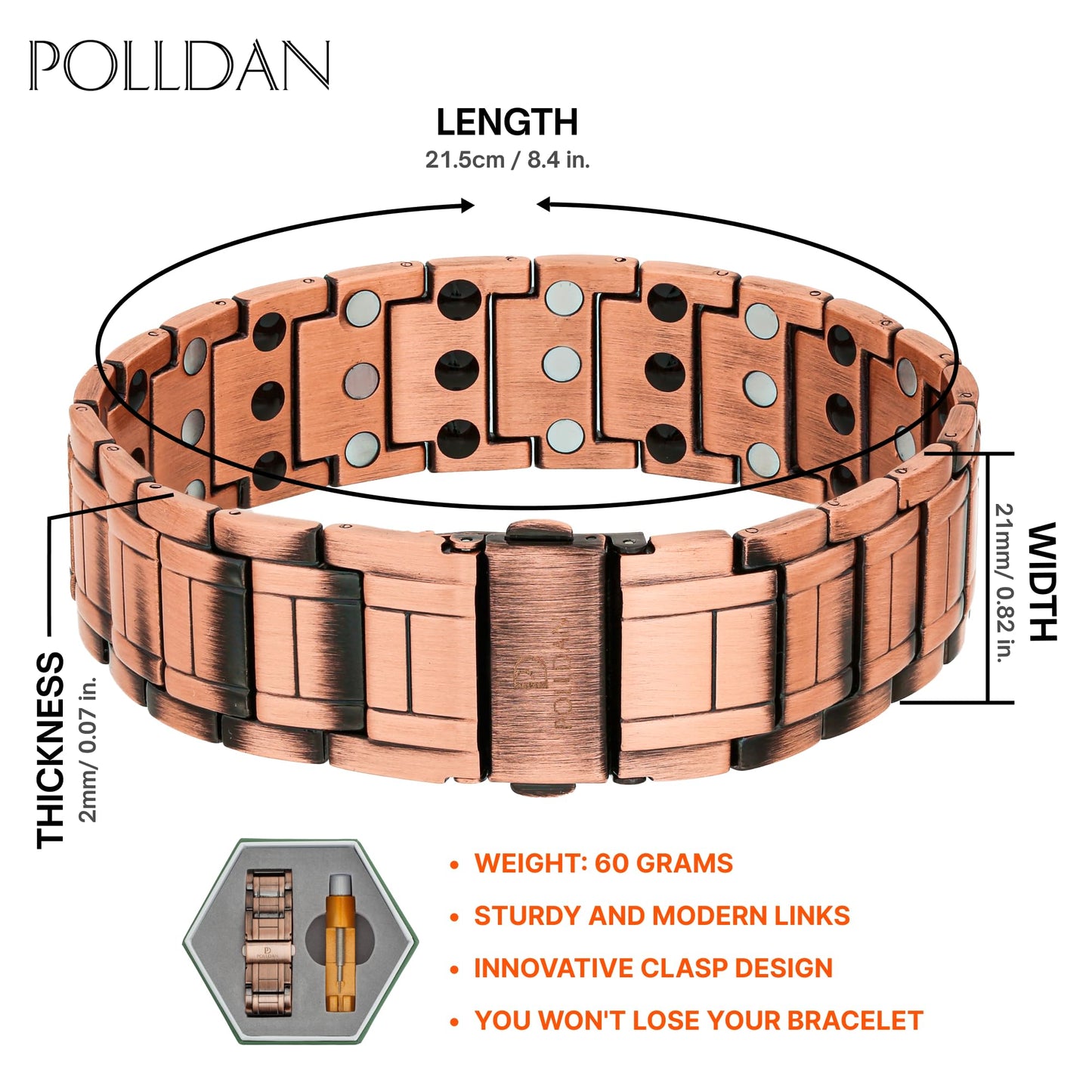 POLLDAN Copper Bracelet For Men | 6200 Gauss Power | Adjustable Magnetic Bracelet | Gift Box and Sizing Tool (3X Power)