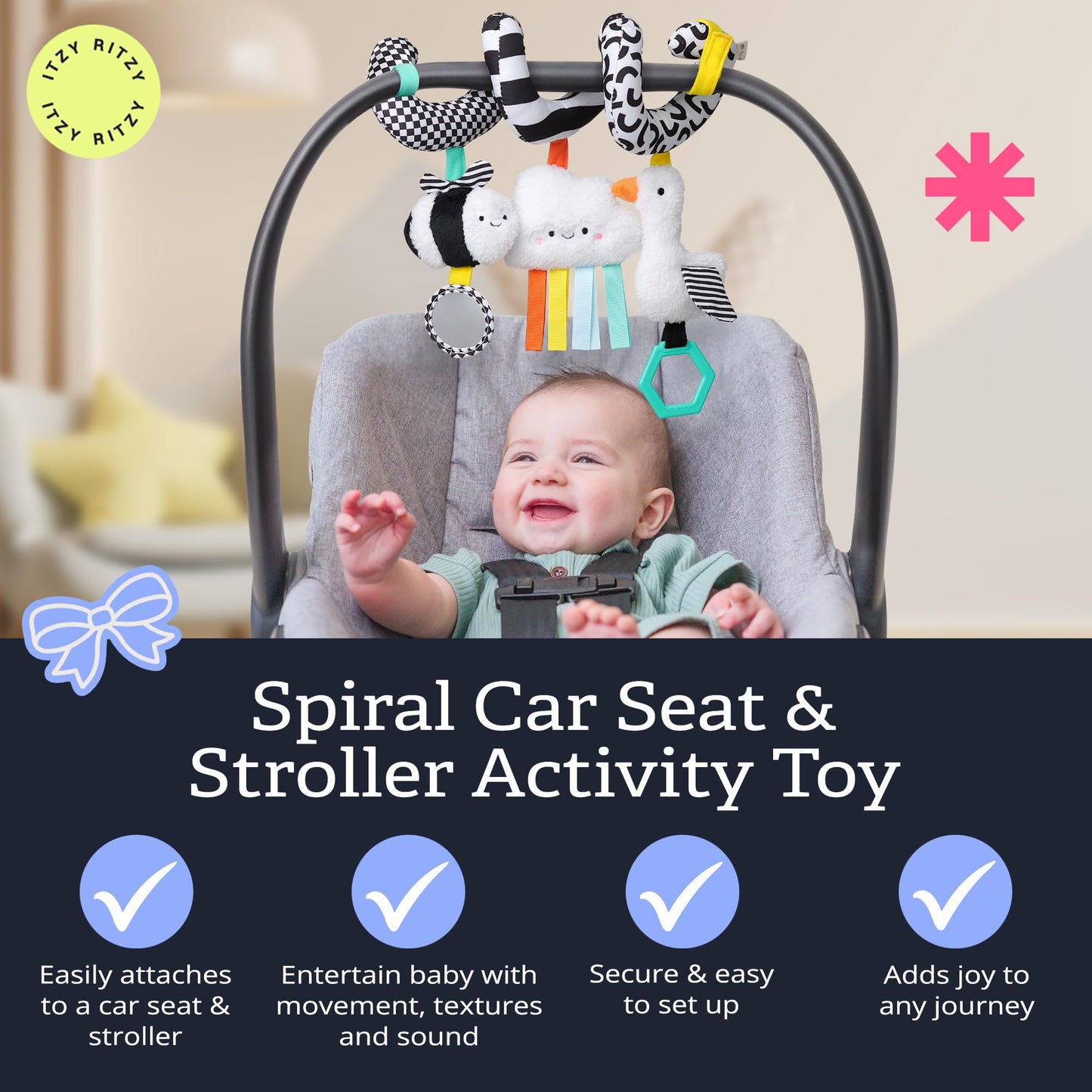 Itzy Ritzy Spiral Car Seat & Stroller Activity Toy - Stroller & Car Seat Toys for Ages 0 Months and Up - Hanging Toys Include Dangling Ring, Mirror and Textured Ribbons (High Contrast)