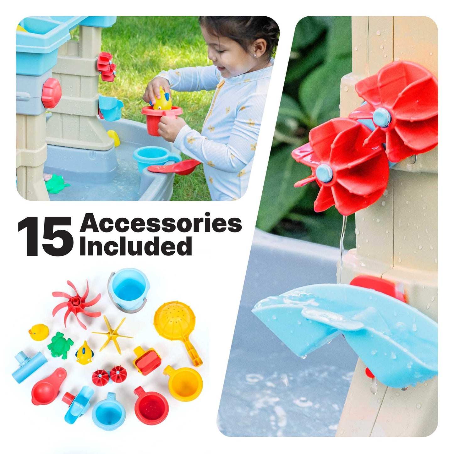 Step2 Rain Showers & Flow Kids Water Table, Outdoor Toddler Activity Table, 15-Piece Accessory Set, Ages 1.5+ Years Old, Multicolor (Gray, Blue, Red)