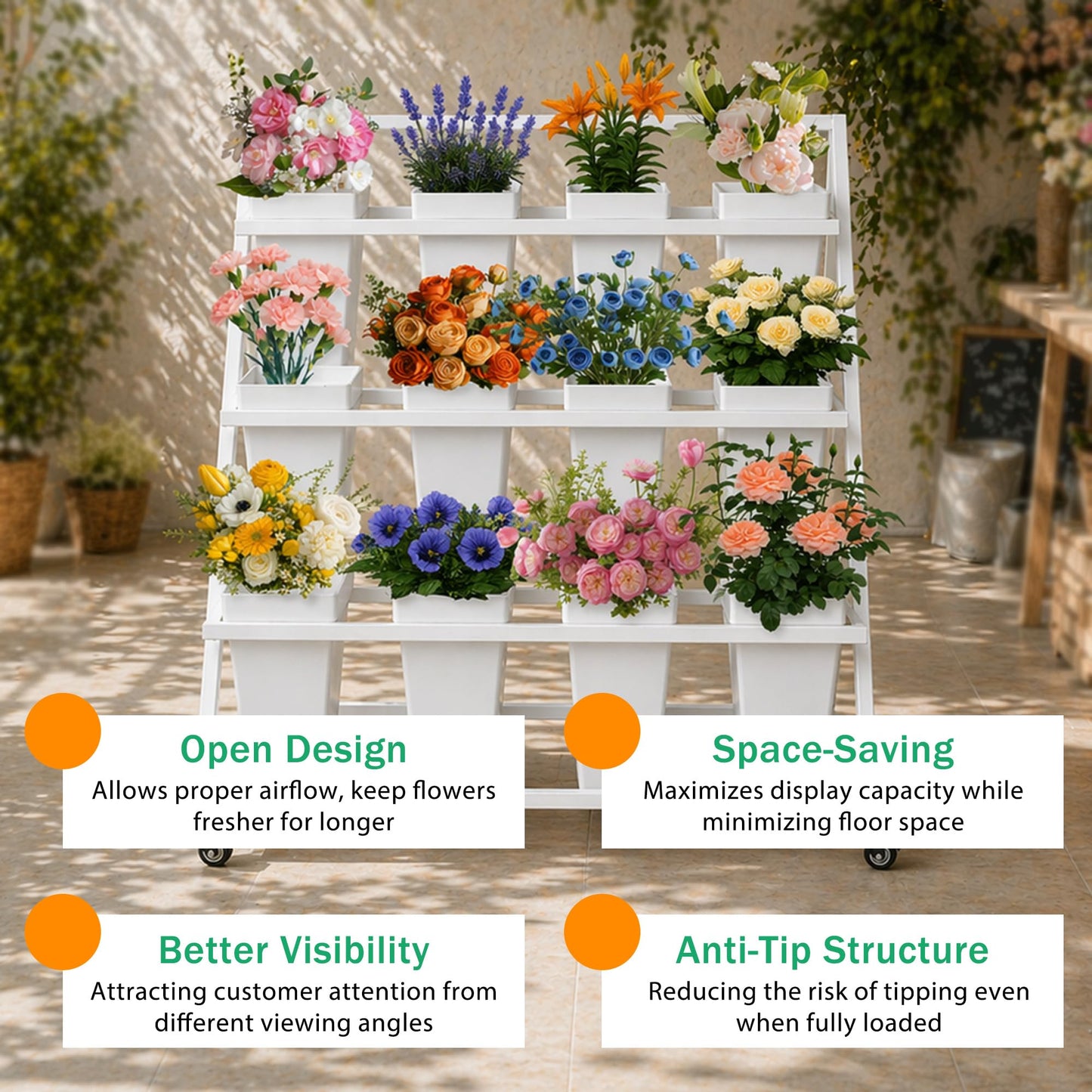 PROLEE Flower Stand with 12 Buckets, Flower Display Stand with Wheels, Flower Cart, Moving Florist Bouquet Shelf, Triangular (White)
