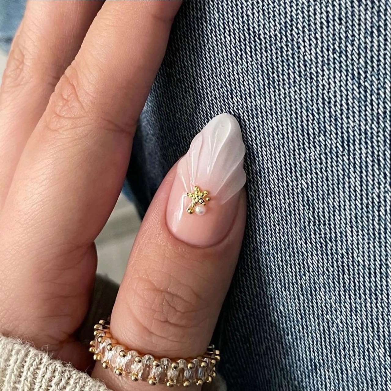 LPOODDNU 3D Almond Press on Nails - White French Tip Medium Fake Nails with Flower Pearl Star Designs, Glossy Finished Reusable False Nails with Adhesive Glue Tabs - 24Pcs Nail Kit for Women Manicure