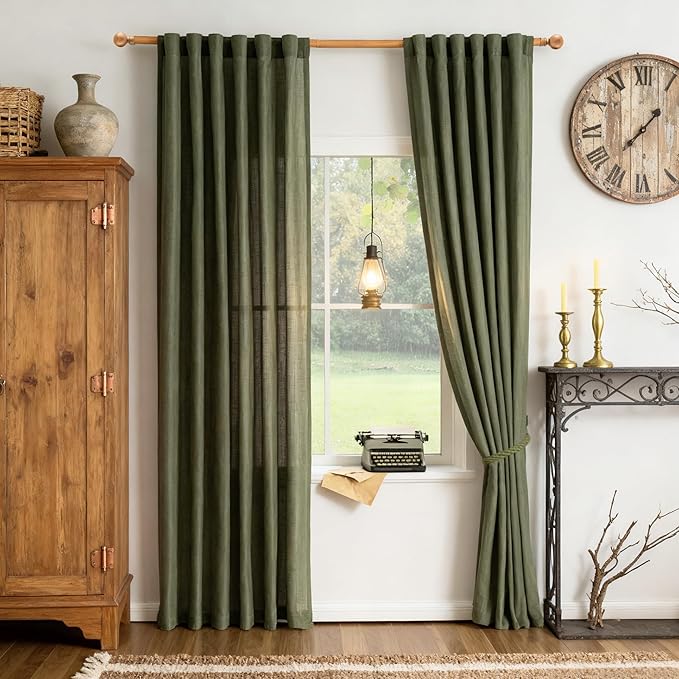 MYSKY HOME Living Room Curtains 90 Inches Long Farmhouse Light Filtering Privacy Curtain Drapes for Patio Door, Linen Look Texture Fabric Bohemian Draperies Soft Touch, 50x90, Olive Green, 2 Pieces