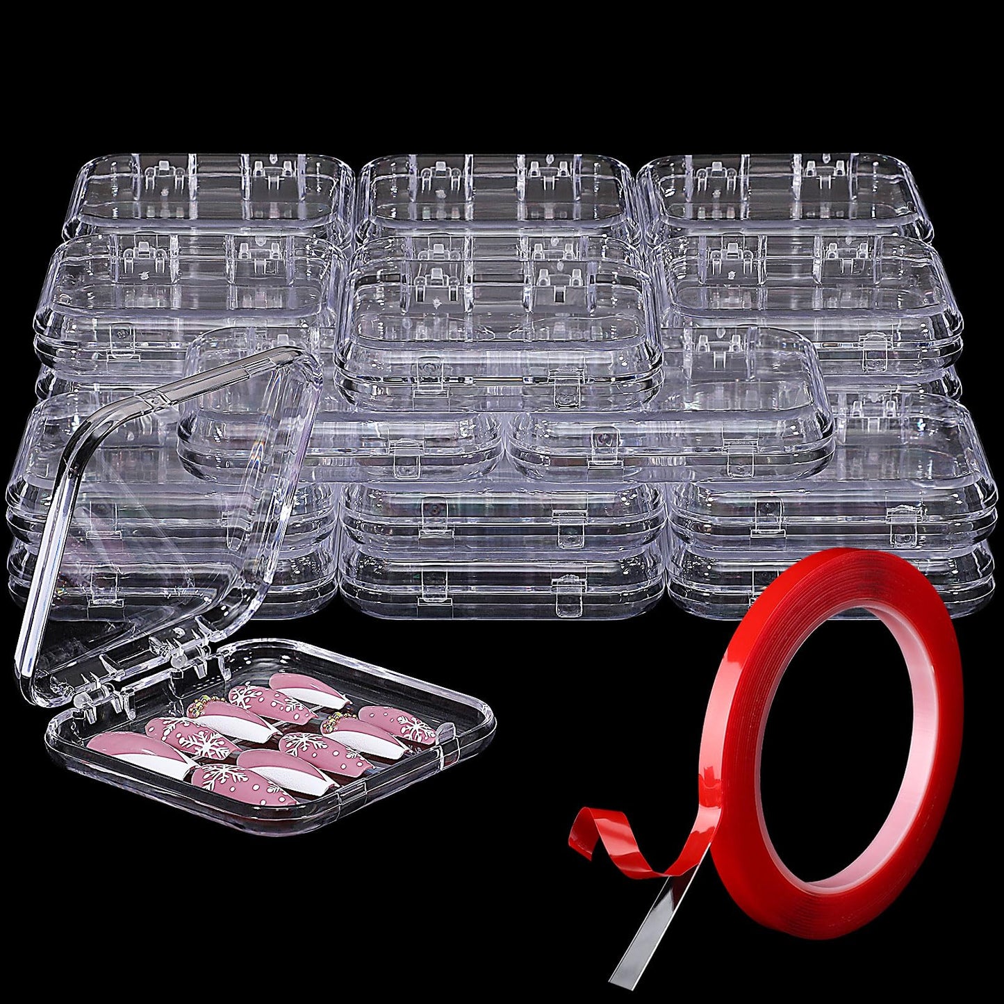 Udefineit 27PCS Press on Nail Boxes with 5M Nail Tape, Clear Acrylic Nail Display Box for Storage Nail Tips Press on Container Plastic Empty Packaging Boxes for Nail Art Home Beauty Salon