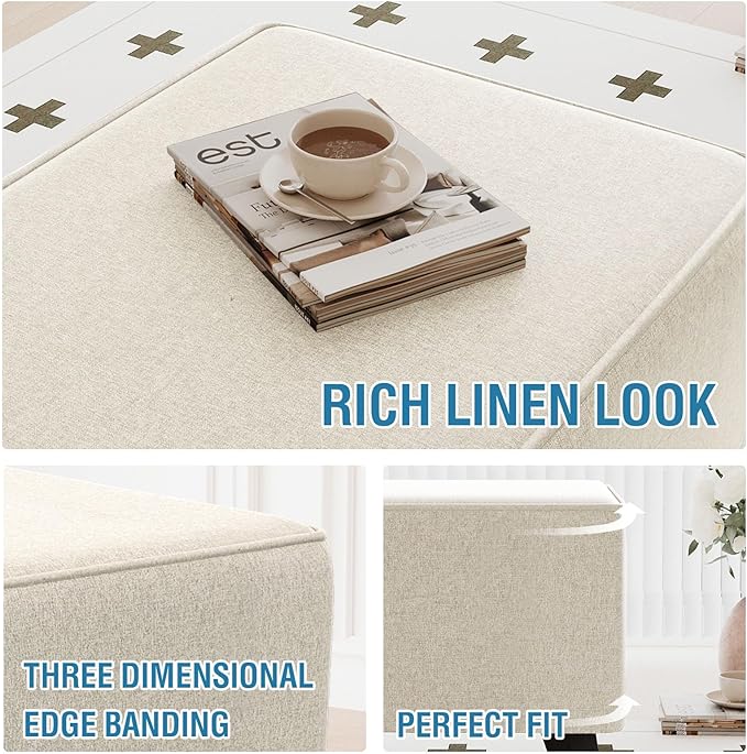 H.VERSAILTEX Sturdy Ottoman Cover Folding Storage Stool Furniture Protector Soft Rectangle Slipcover with Storage Side Pocket Fit Length 33"-34" Footrest Removable Washable - Heather Ivory
