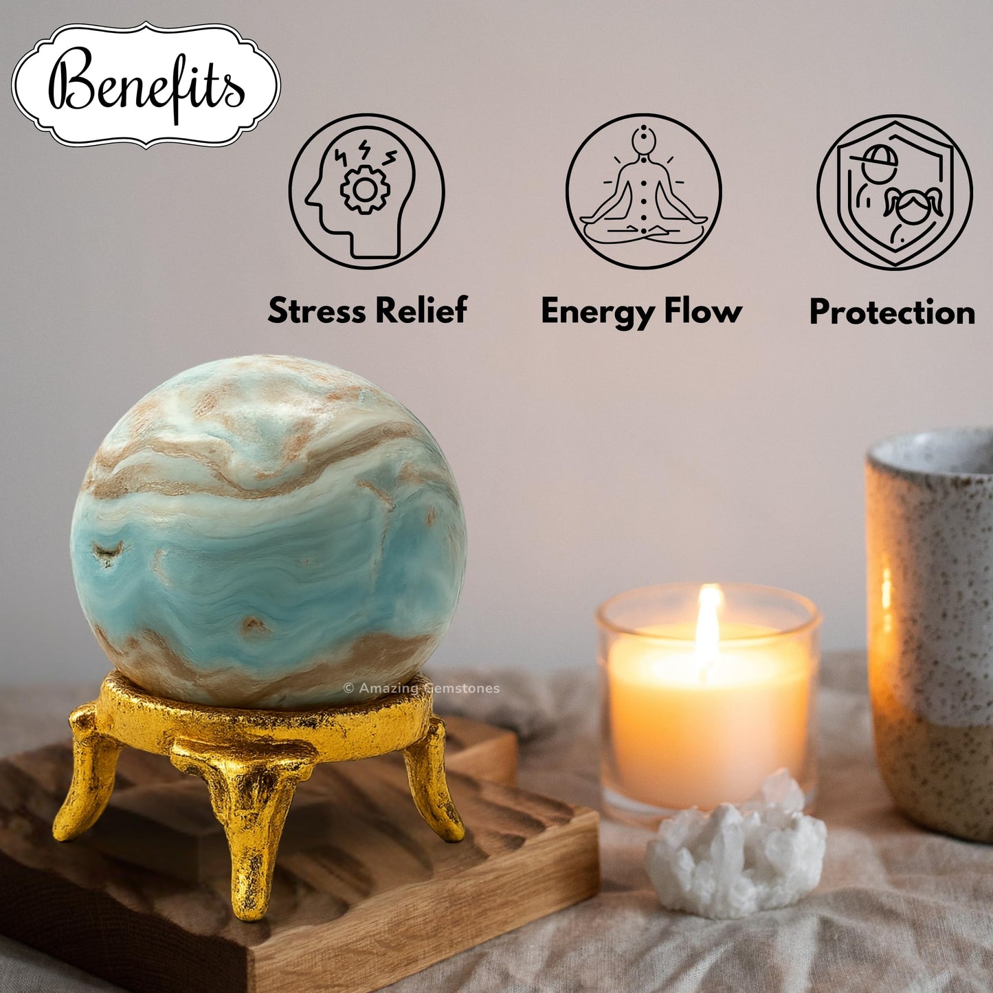 Amazing Gemstone Caribbean Calcite Crystal Ball with Stand - 2" Inches Crystal Sphere Meditation Balls for Witchcraft and Decorative Balls