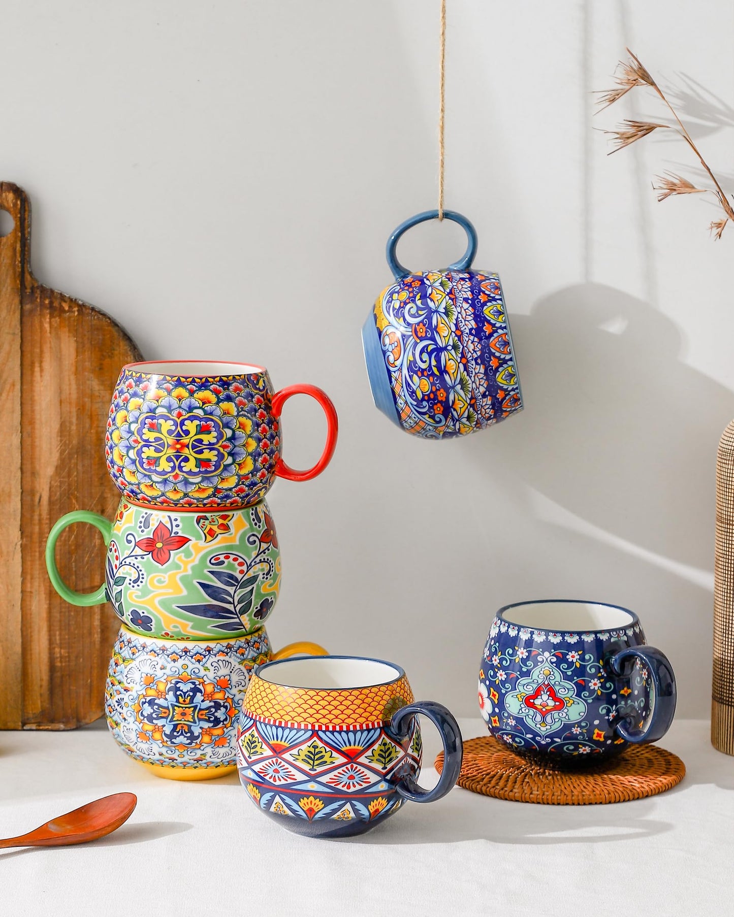 HENXFEN LEAD Boho Ceramic Coffee Mugs Set of 6 – 20 oz Large Porcelain Cups for Latte, Cappuccino, Tea, Cocoa & Soup – Microwave & Dishwasher Safe