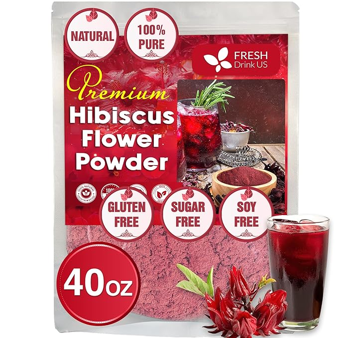 FreshDrinkUS Premium 100% Natural Hibiscus Flower Powder, 40oz - No Additives, Gluten, Sugar - Vegan