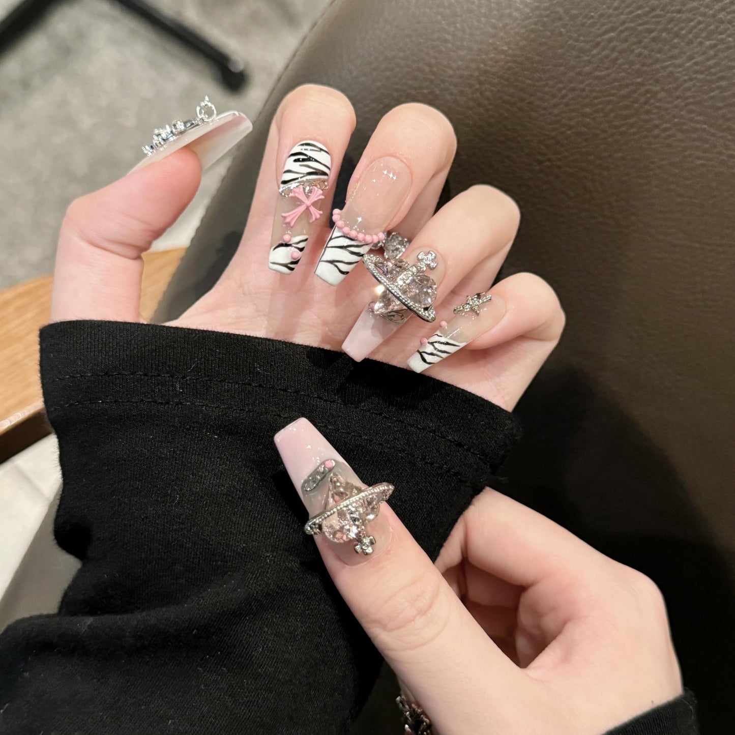 NLSJMP 3D handmade Gel nails press on false nails long square pink white, big heart rhinestone cross star cute acrylic Reusable fake nails designed kit,10 Nails Size S #95