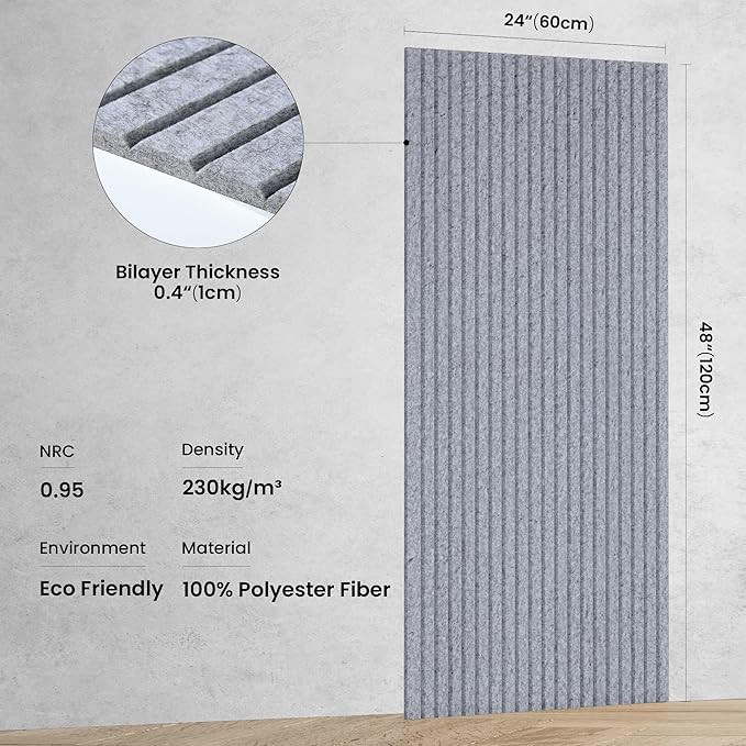 5 Pack Acoustic Panels, 48 x 24x 0.4 Inch Sound Proof Panels for Walls, Premium Wall Sound Absorbing Panels, Decorative Sound Dampening Panels for Media Room, Office and Studio,Silver Gray
