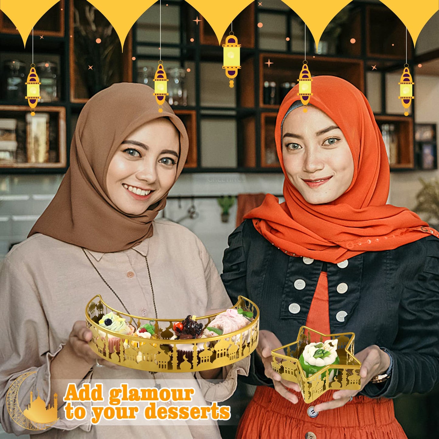 2PCS Ramadan Serving Trays Decorations for Home - Moon Star Shaped Eid Mubarak Table Decor Gifts, Islam Muslim Al-Fitr Iftar Party Crescent Iron Platters Dishes(Palace Pattern)