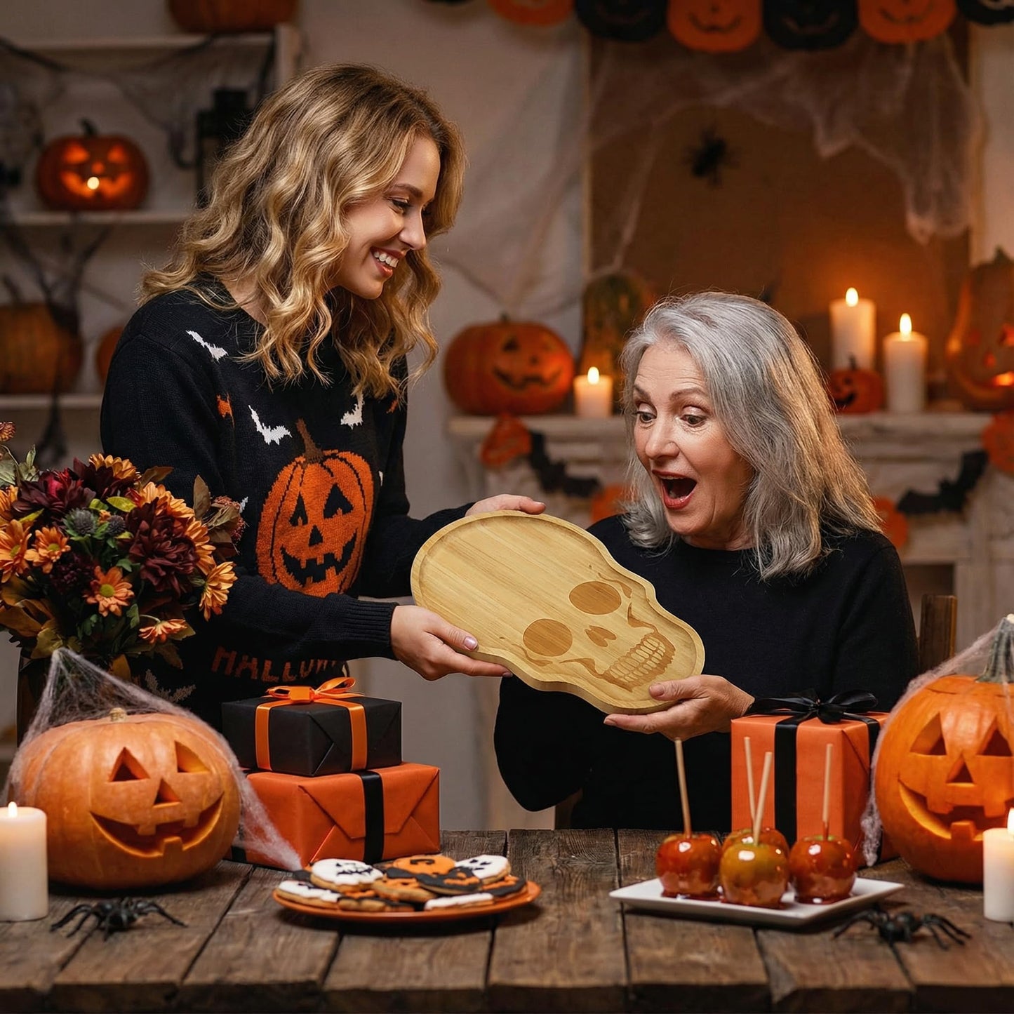 Unique Large Bamboo Wood Halloween Charcuterie Cheese Cutting Board Spooky Skeleton Decorative Serving Platter Tray for Thanksgiving Christmas Housewarming Party (1)