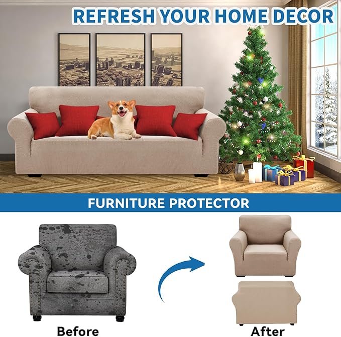 XINEAGE 2026 New Stretch Armchair Covers 1 Piece Chair Slipcovers Chair Protector for Living Room Thick Soft Chair Cover with Elastic Bottom Couch Cover for Pets Kids (31"-46", Khaki)