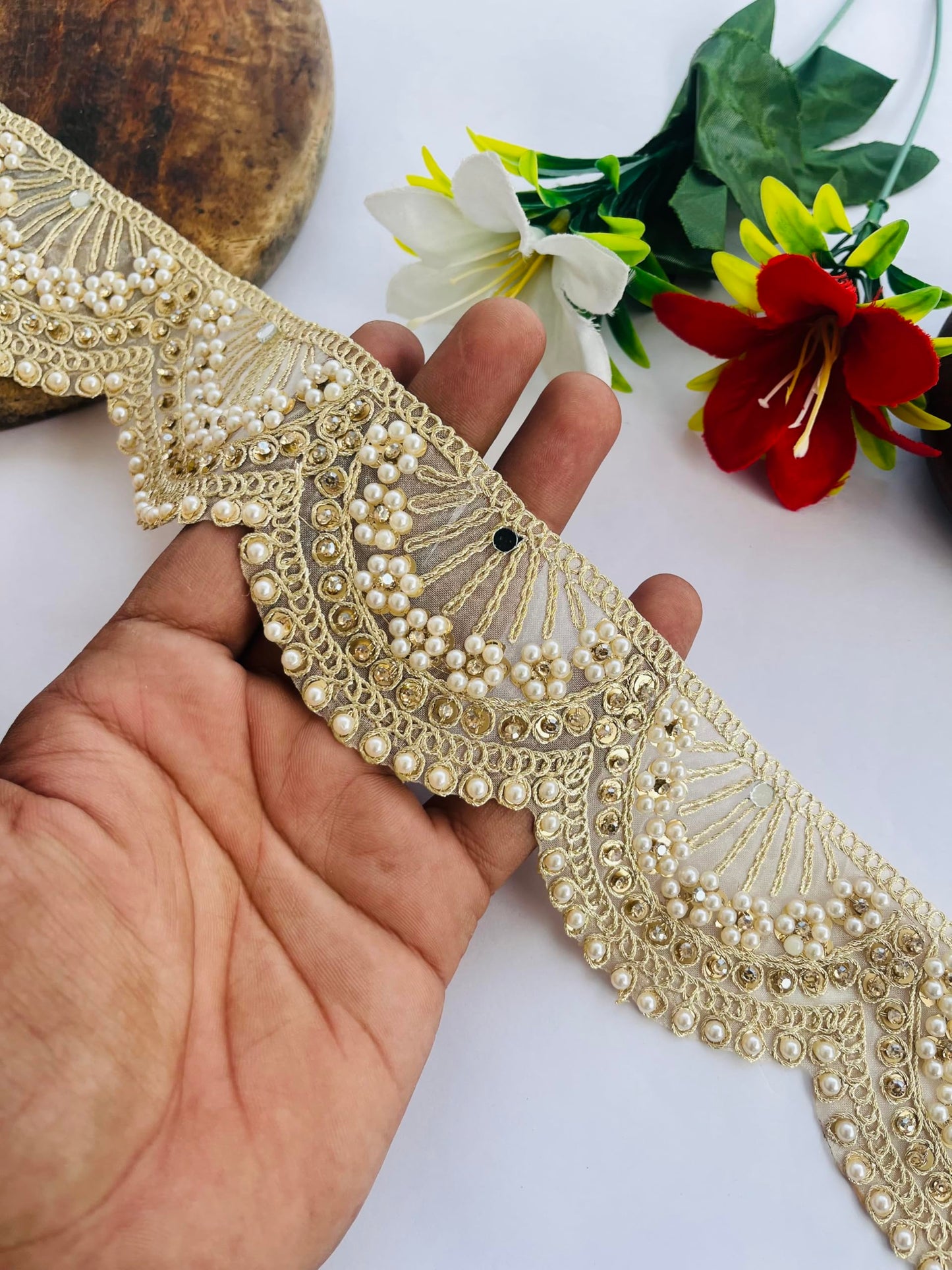 Soft Gold Scallop Lace Trim with Pearl and Rhinestone Embellishment, 2.25 Inch Wide, Available in 1, 3 and 6 Yard (1)