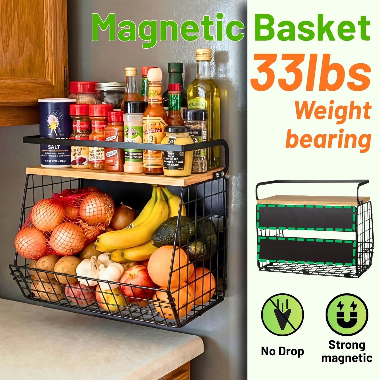 Ofiray-home Magnetic Shelf for Fridge with Wood Lid, Fruit Potato and Onion Storage Bins, Pantry Organizers & Storage, Large Container Magnetic Spice Rack for Refrigerator, Kitchen Counter, Cabinet