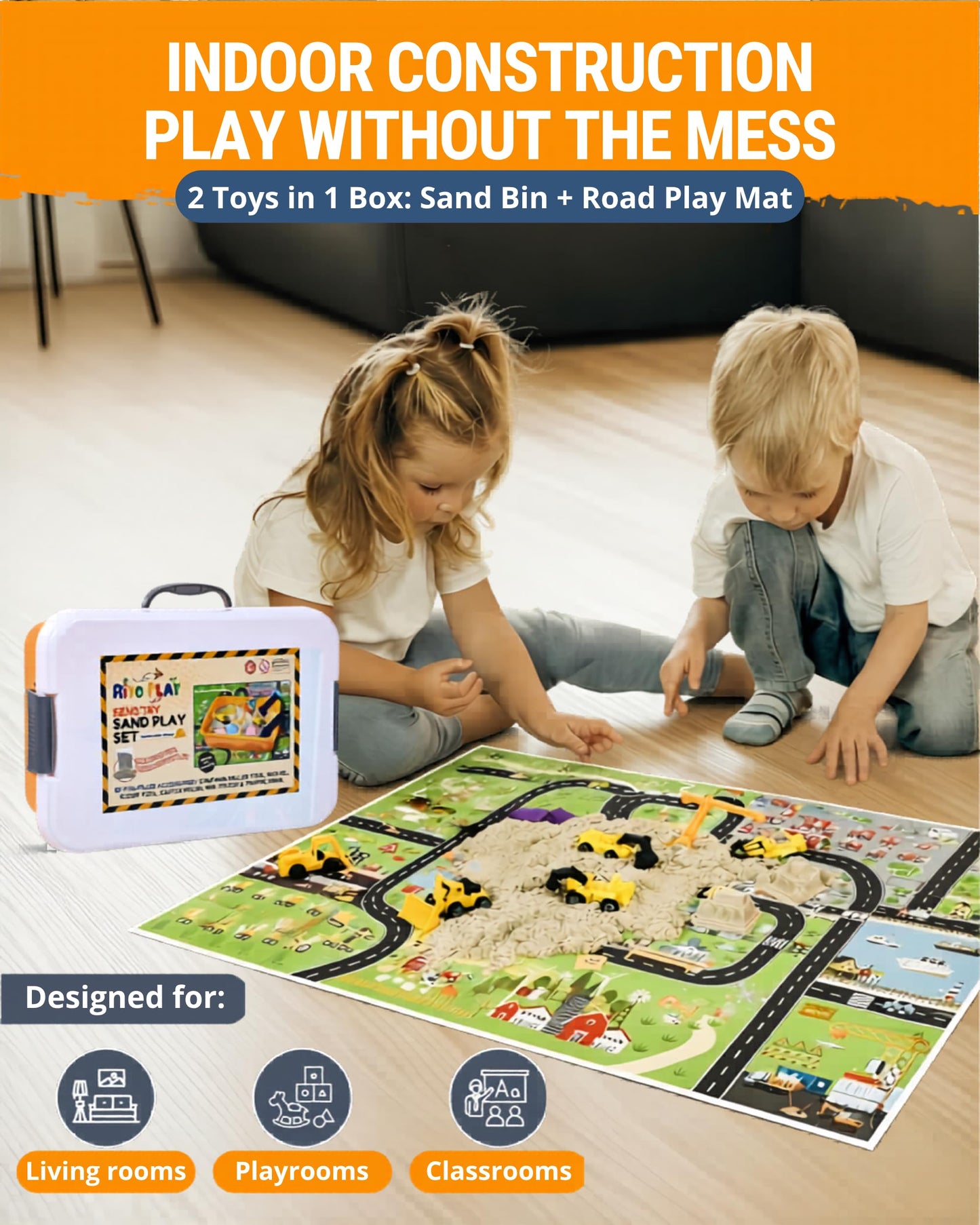 Riyo Play Construction Sensory Bin for Toddlers with 2-in-1 Play Mat & 2.8lbs Moldable Sand, Kids Sensory Bin with Lid & Handle, Toddler Sensory Kit Boys & Girls, Learning Activity, Gift Ages 3+
