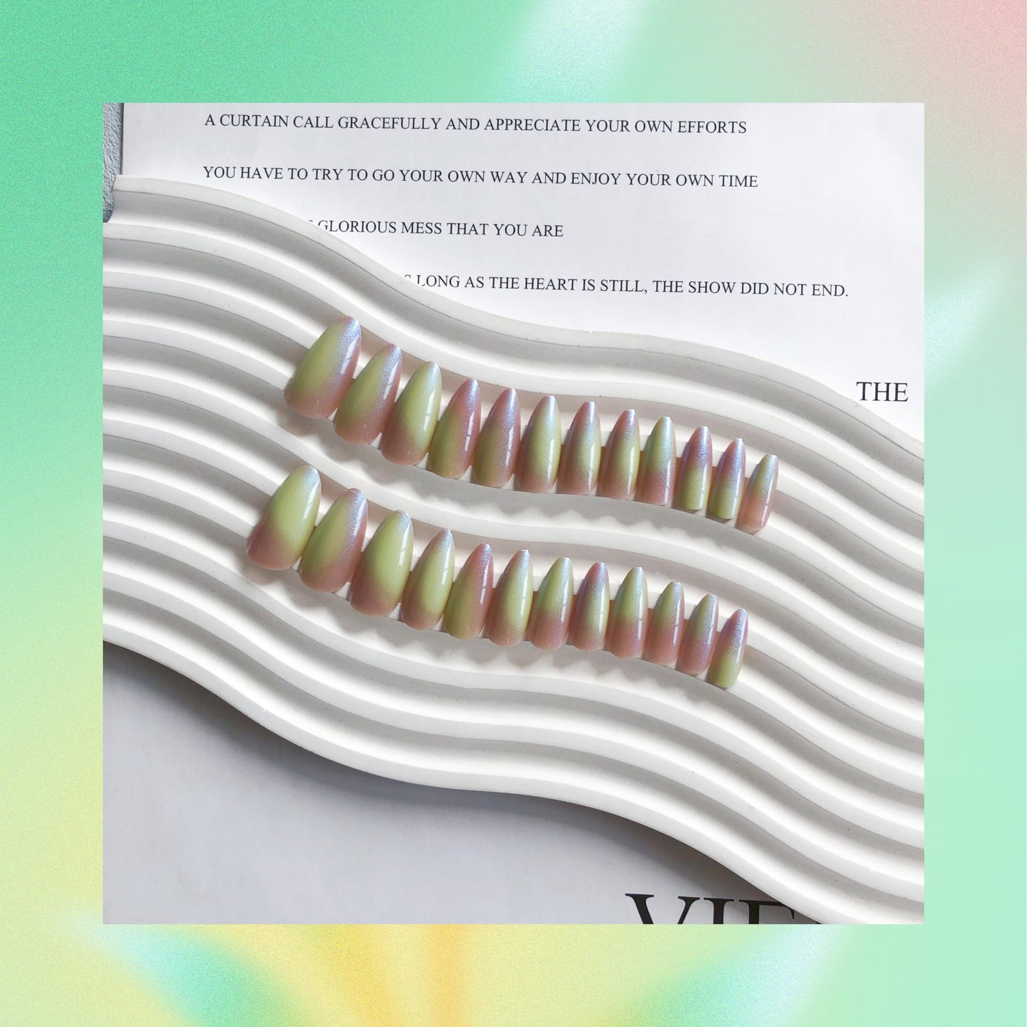Rainbow Chrome Press on Nails Medium Almond, KQueenest Aurora Stiletto Fake Acrylic Nails with Bling Design, Cute Green Glue on Nails for Daily Party Wear, False Nails Press ons in24 PCS