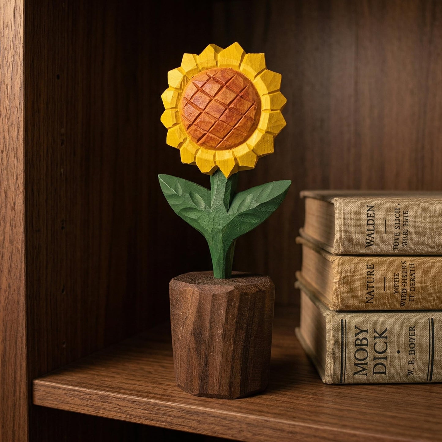 Hand-Carved Wooden Sunflower Figurine – Artisan Solid Wood Flower Statue for Rustic Farmhouse Shelf Decor & Desk Accessories – Unique for Her, Mom, Teachers (5 Inch, Gift Boxed)