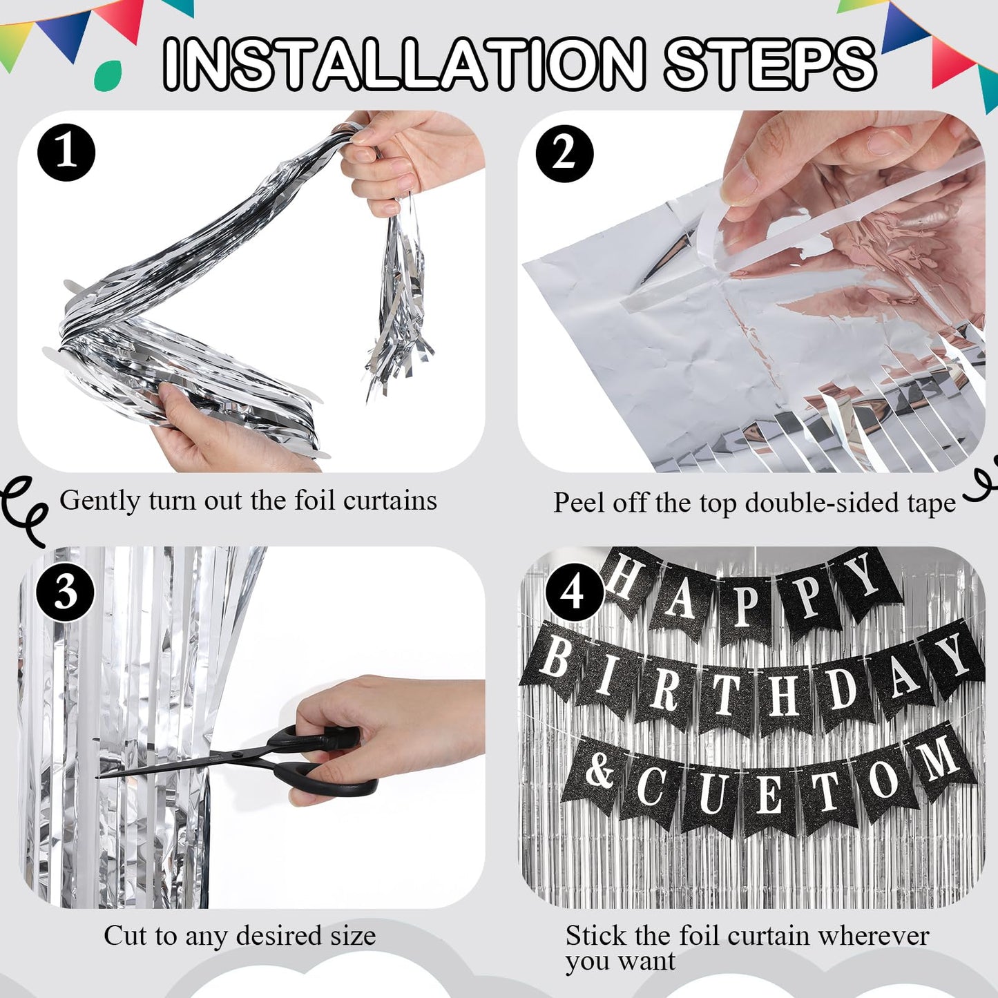 Mooliwe 173 Pcs DIY Custom Banner Kit with 2 Foil Curtain Make Your Own Customizable Letter Banner Sign Decor 20 Paper Pennant 148 Letters Number 1 Rope 2 Threading Device(Classic Style,Black)