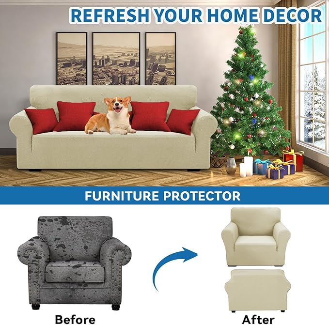 XINEAGE New Stretch Armchair Covers 1 Piece Chair Slipcovers Chair Protector for Living Room Thick Soft Chair Cover with Elastic Bottom Couch Cover for Pets Kids (31"-46", Light Beige)