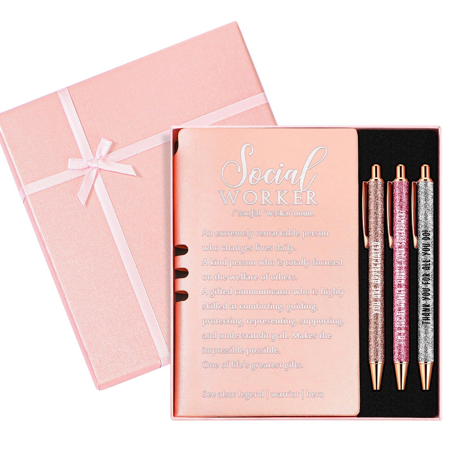 Resurhang 5 Pcs School Social Worker Must Haves Office Supplies Graduation Gift Leather Journal Notebook 3 Ballpoint Pens with Box Thank You Social Work Appreciation Gift for BSW MSW DSW(Pink)
