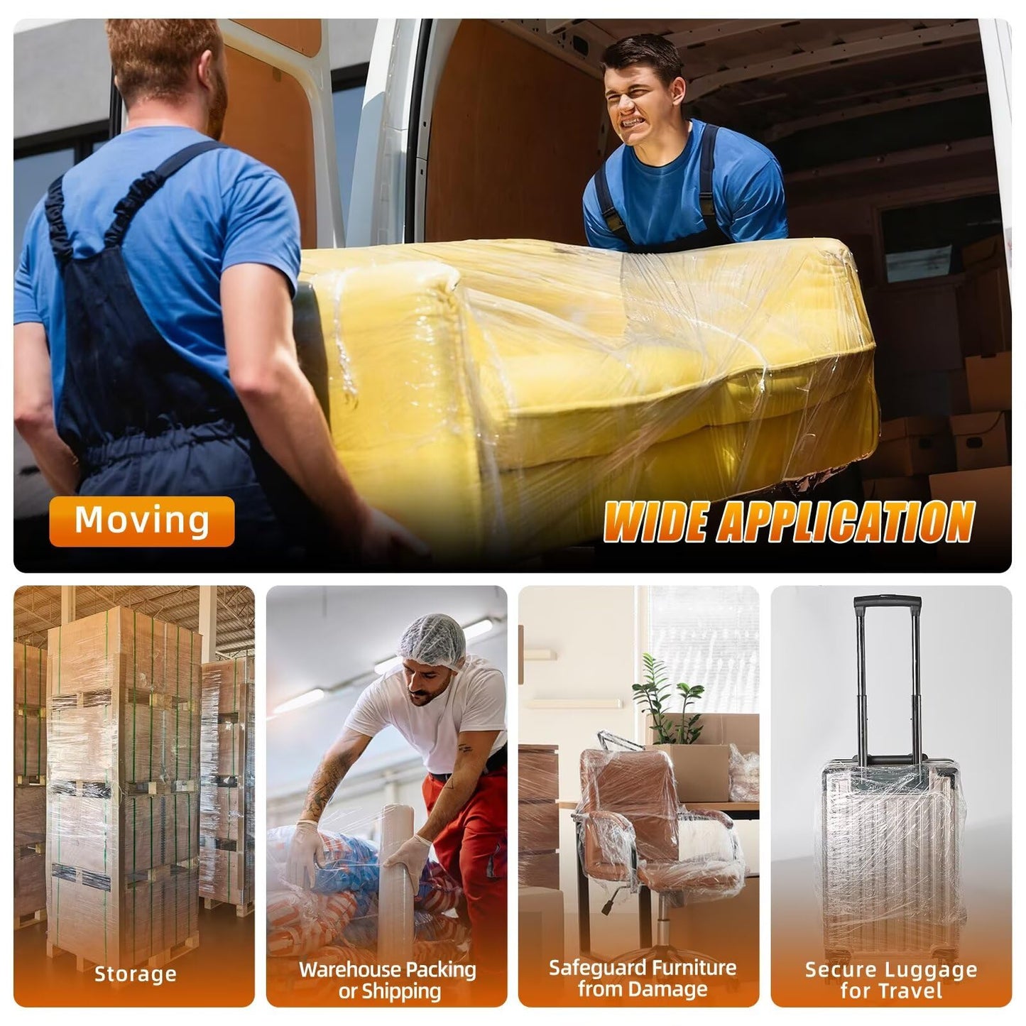 Stretch Film Shrink Wrap for Moving Supplies (15inch, 2 Pack) x 1000ft, Industrial Strength Plastic Wrap Stretch Roll for Pallet Wrapping Shipping Moving Boxes Storage Furniture with Handles, Clear