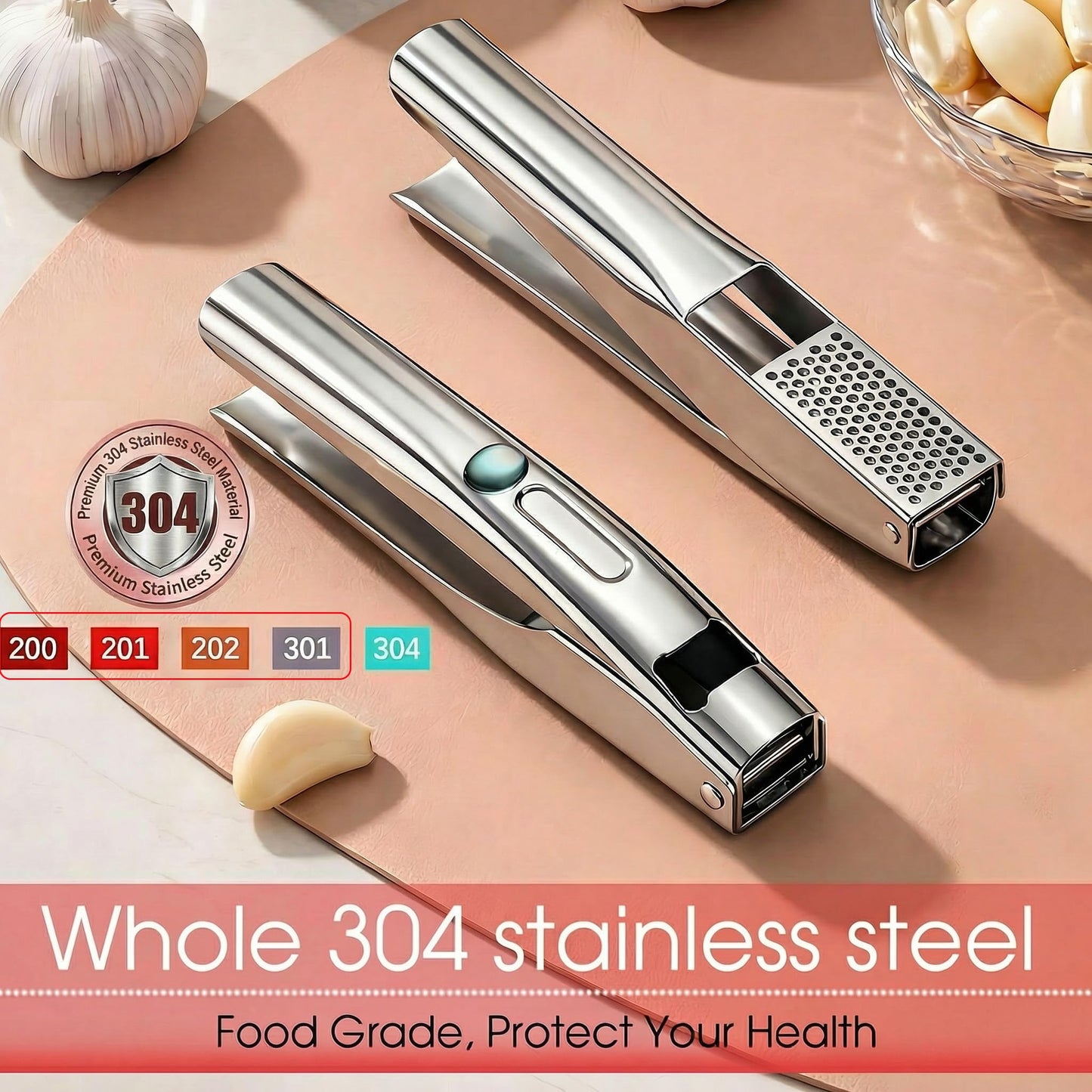 UOSLOR Garlic Press Heavy Duty Mincer and Peeler Set, Rust Proof 304 Stainless Steel Garlic Crusher, Easy-Squeeze Nut Ginger Chopper, Dishwasher Safe Kitchen Gadget