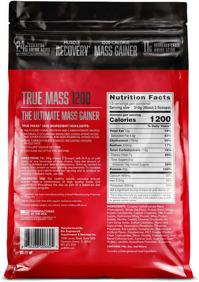 BSN TRUE-MASS Weight Gainer, Muscle Mass Gainer Protein Powder, Vanilla Ice Cream, 10.25 Pound
